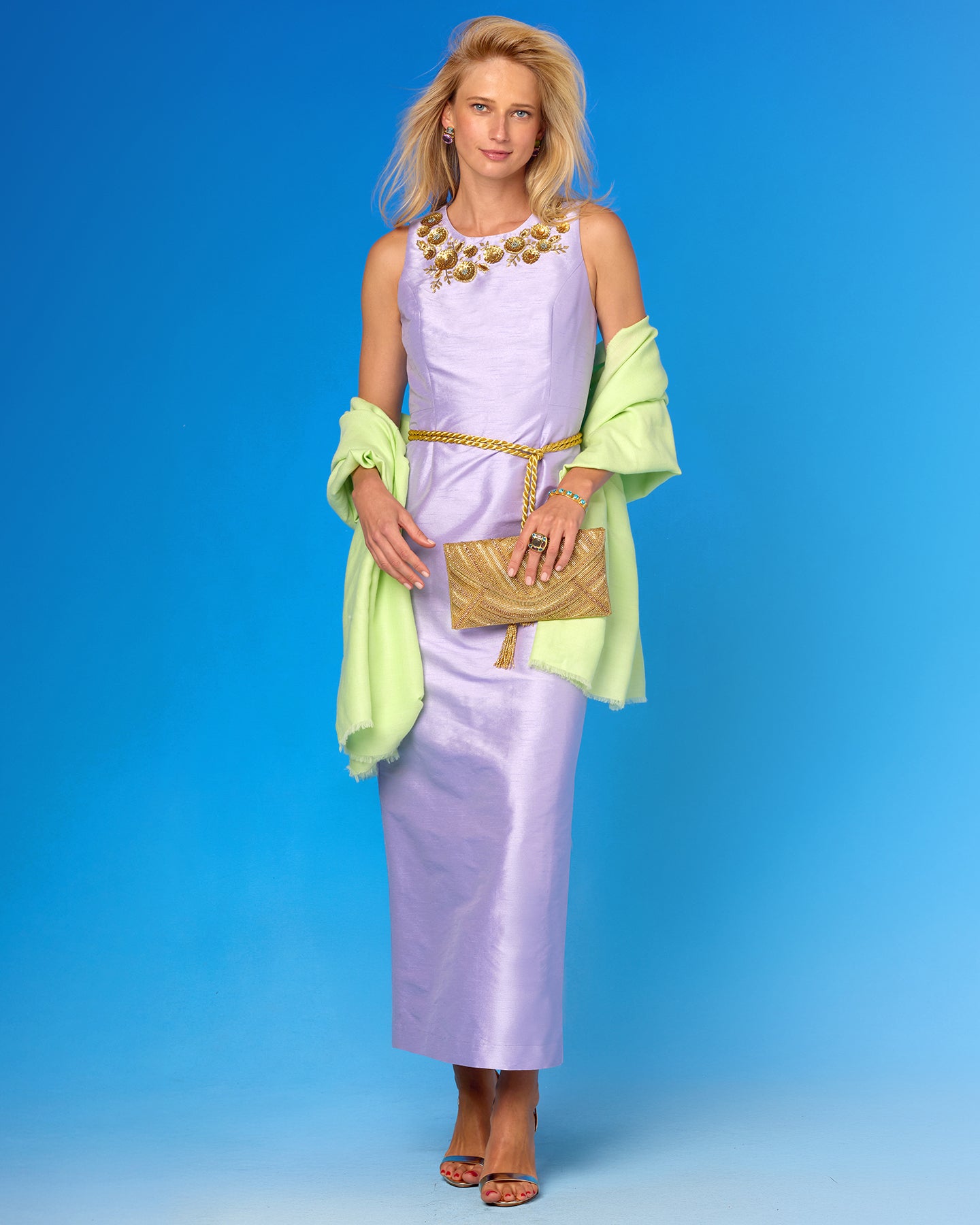 Clara Long Sheath Dress in Lavender and Gold Floral Embellishment worn with the Josephine Pashmina Shawl, Artemis Gold Rope Belt, and Betty Gold Beaded Clutch
