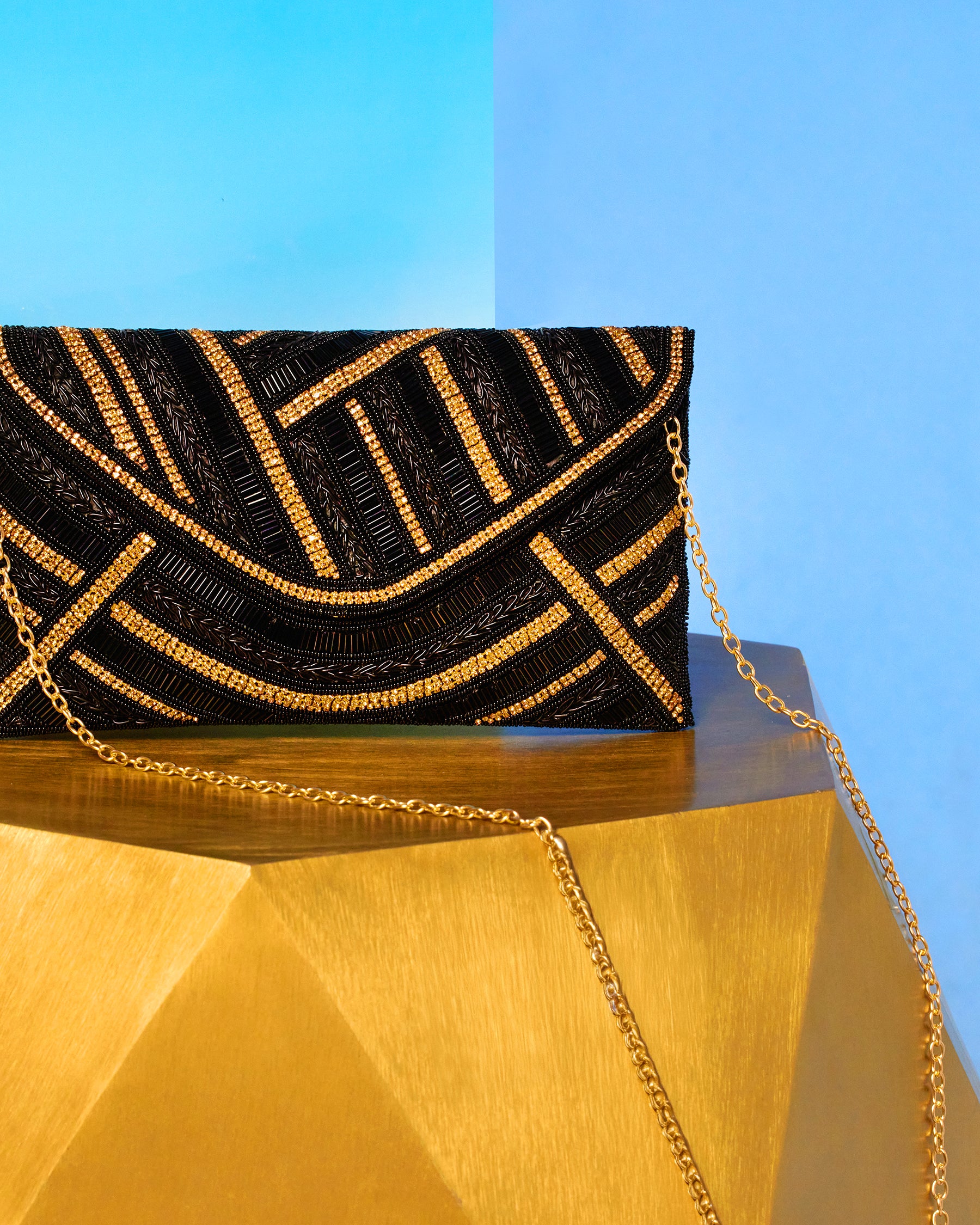 Betty Clutch in Beaded Black and Gold with chain