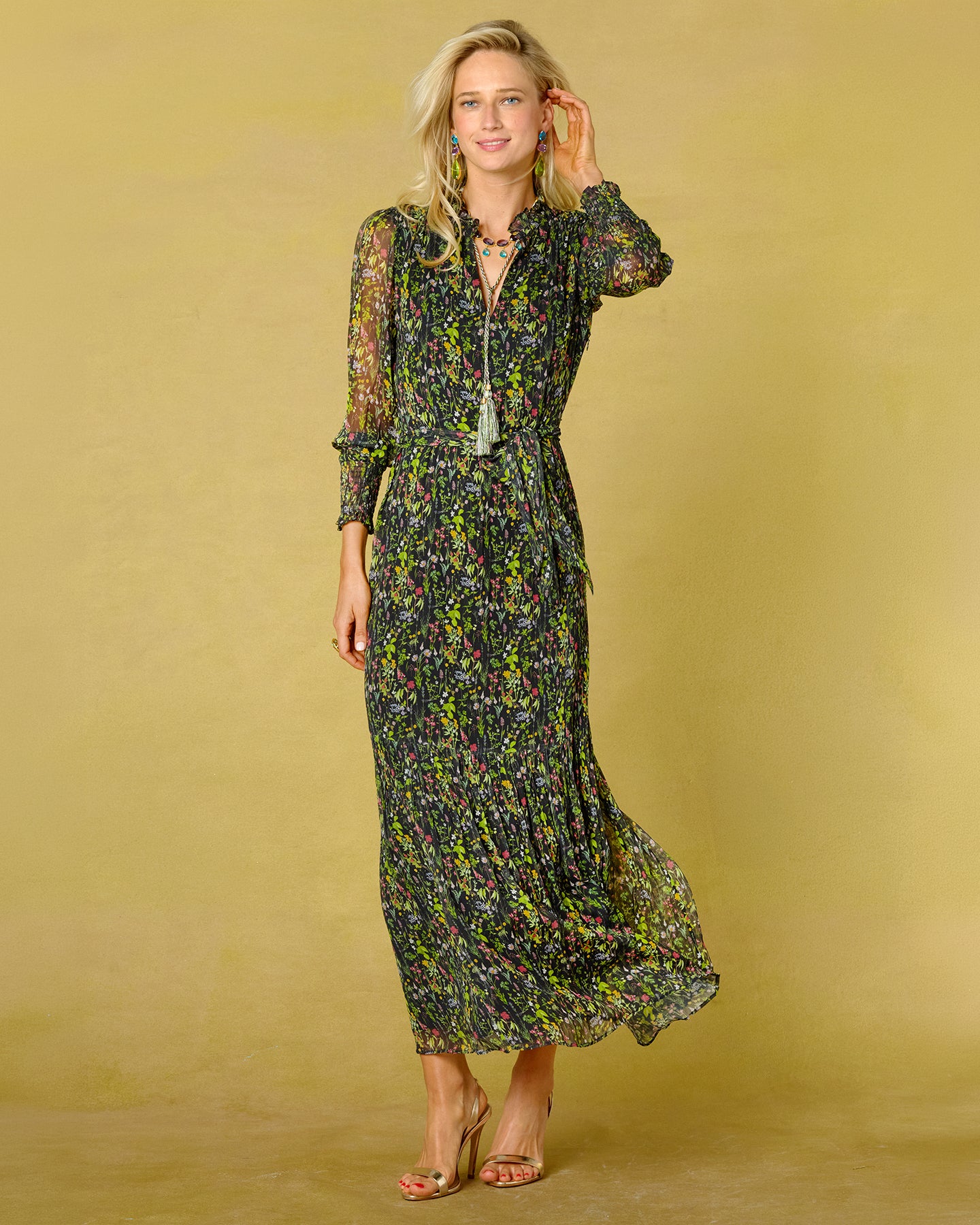 Colette Chiffon Dress in Twilight Meadow front view with arm up