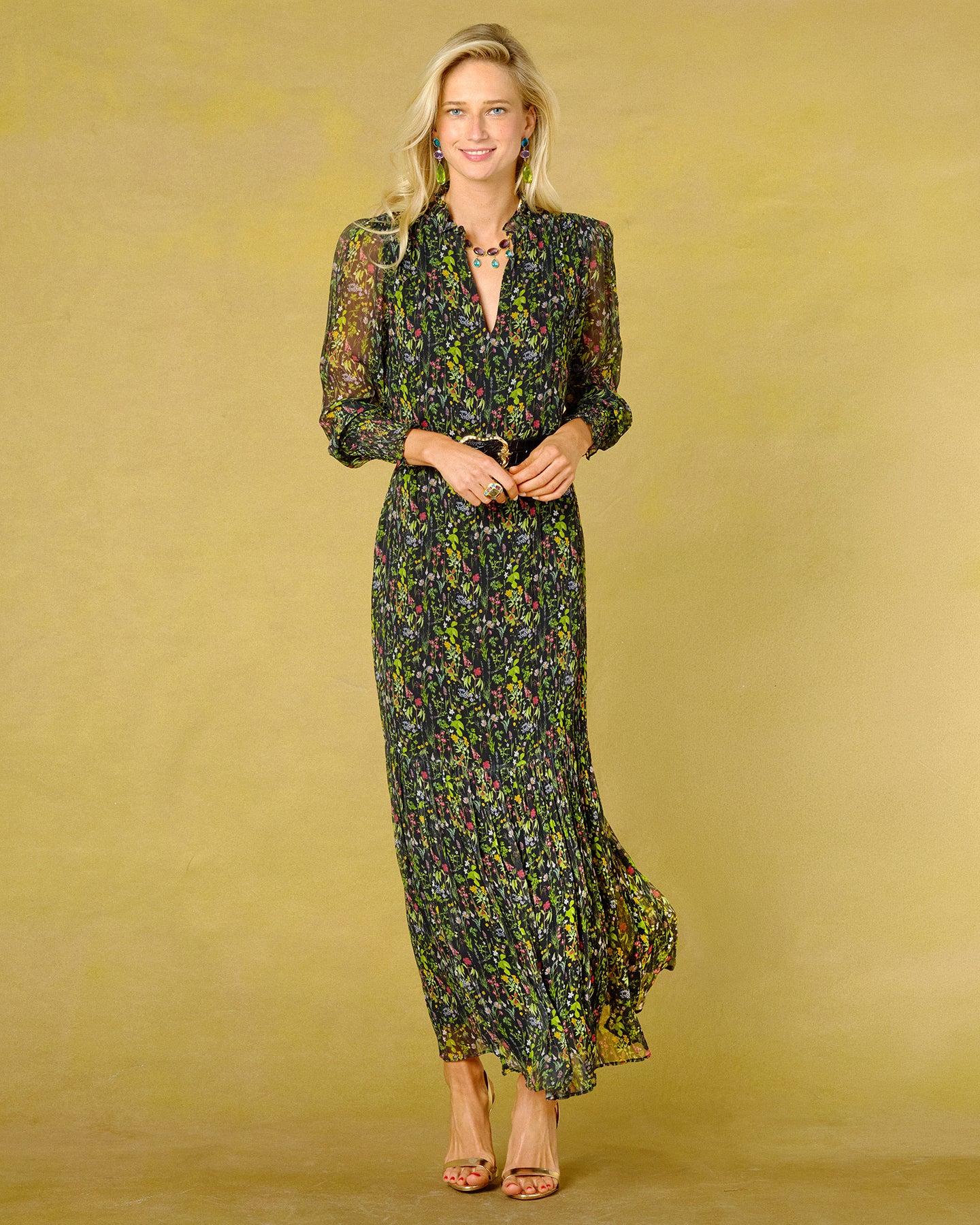 Colette Chiffon Dress in Twilight Meadow front full view standing