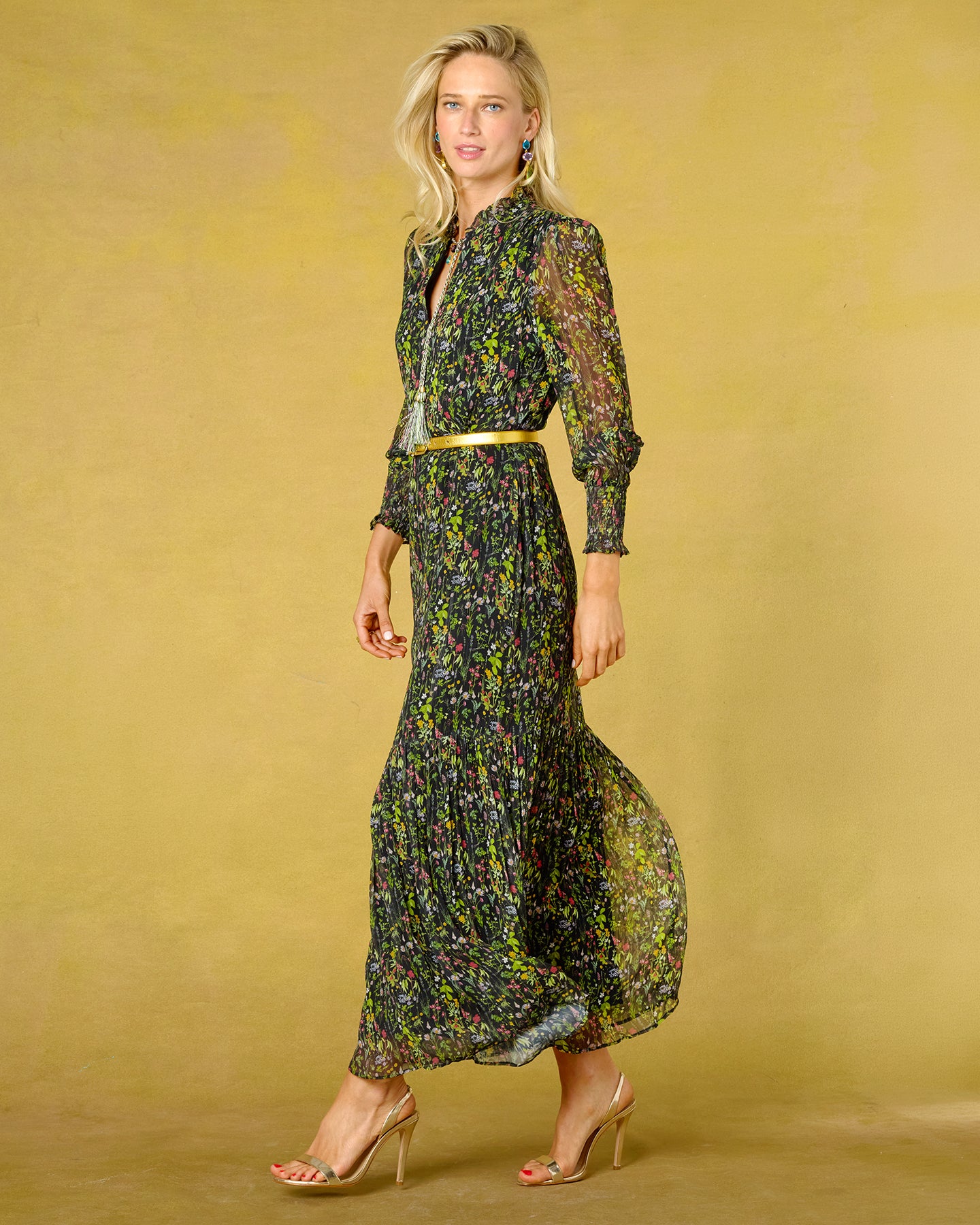 Colette Chiffon Dress in Twilight Meadow side view walking