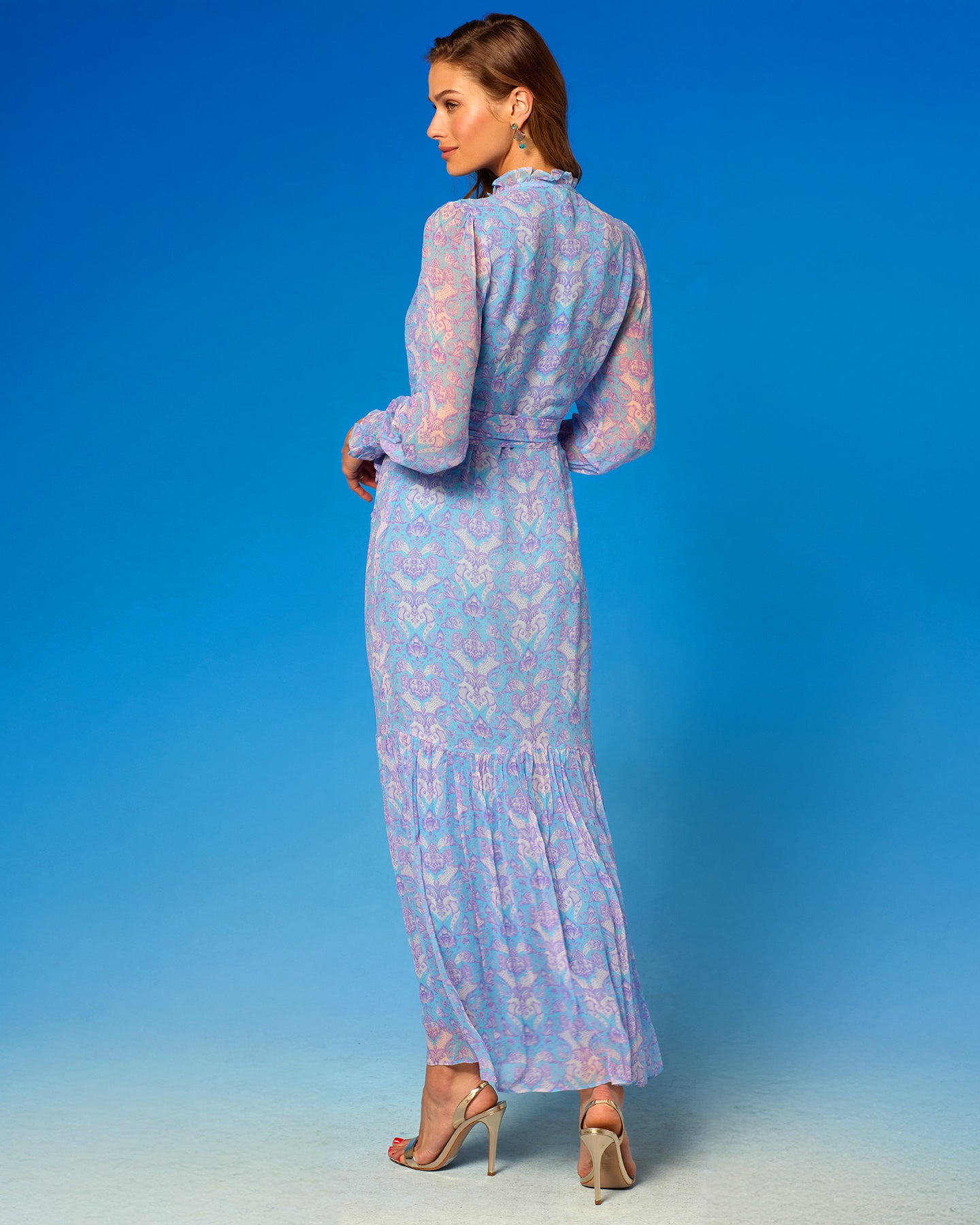Colette Maxi Chiffon Dress in Shalimar Lavender on Robin Egg Blue back view