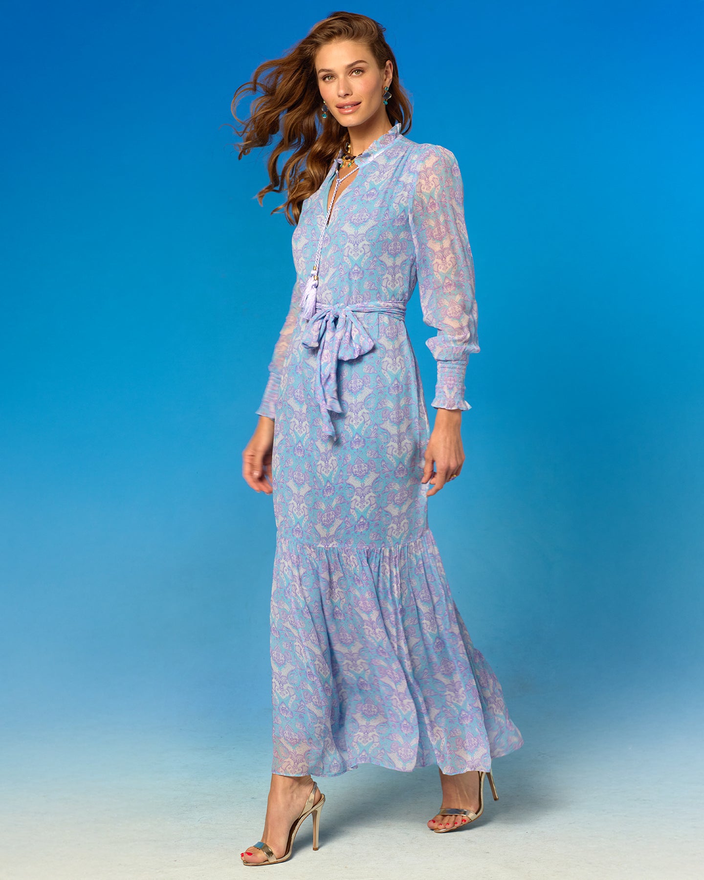 Colette Maxi Chiffon Dress in Shalimar Lavender on Robin Egg Blue walking side view