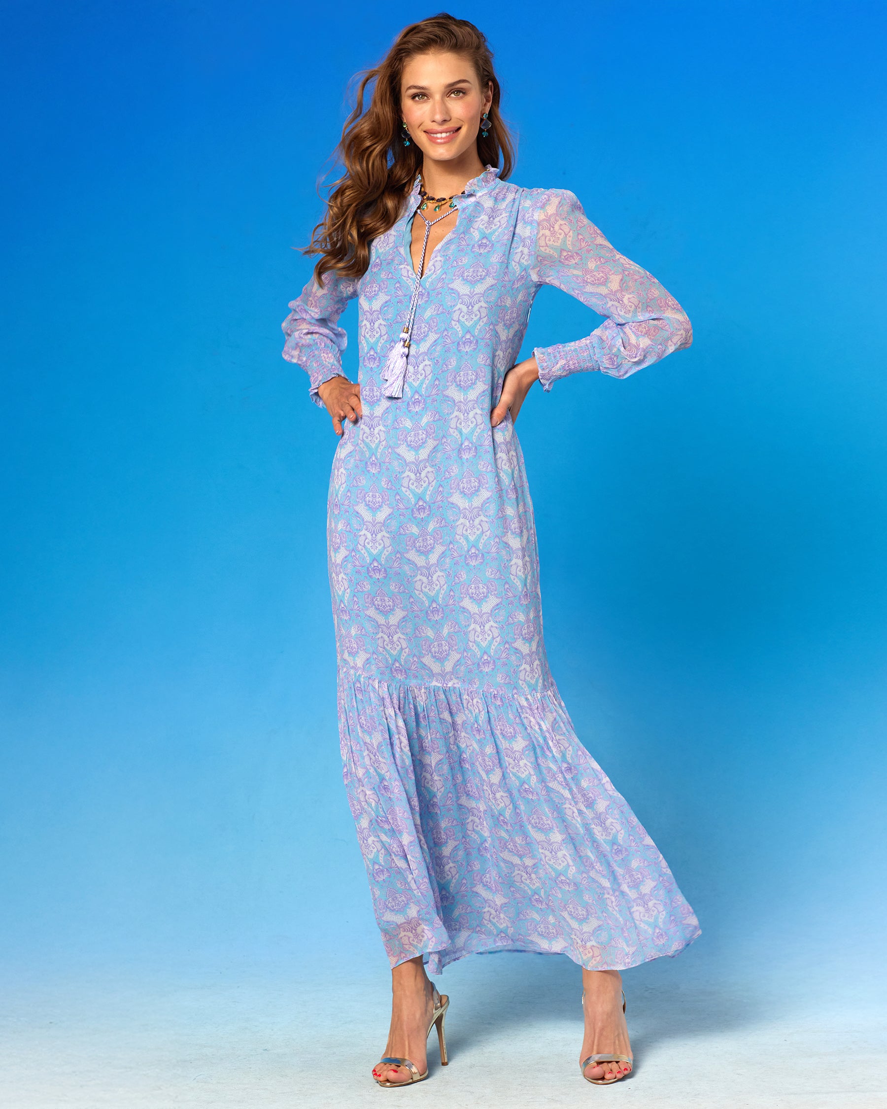 Colette Maxi Chiffon Dress in Shalimar Lavender on Robin Egg Blue hands on hips