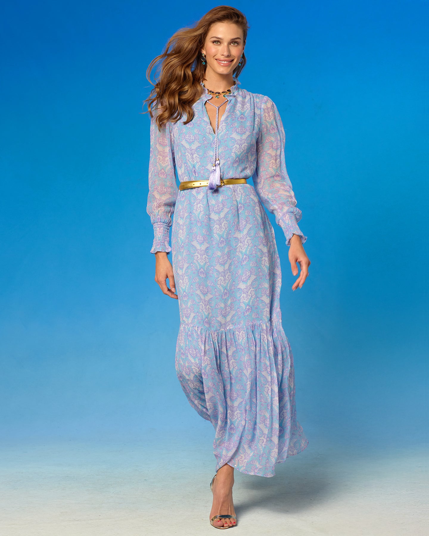 Colette Maxi Chiffon Dress in Shalimar Lavender on Robin Egg Blue walking