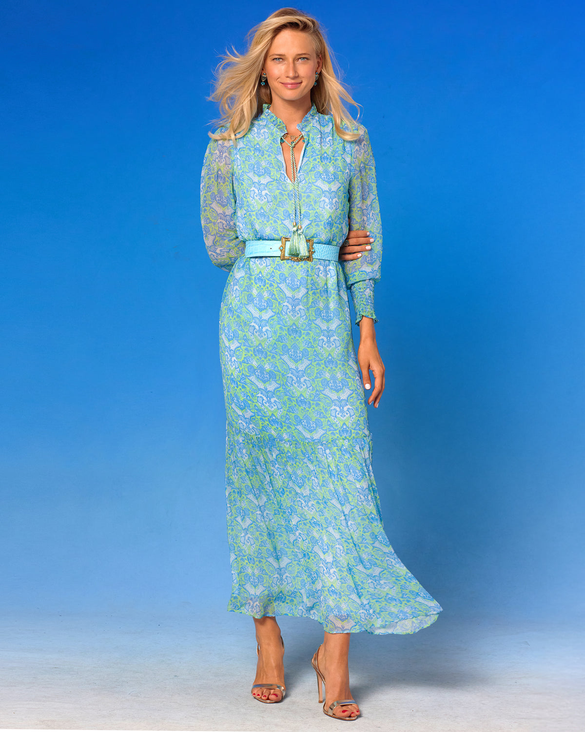 NicoBlu® Colette Maxi Chiffon Dress in Shalimar Turquoise and Green