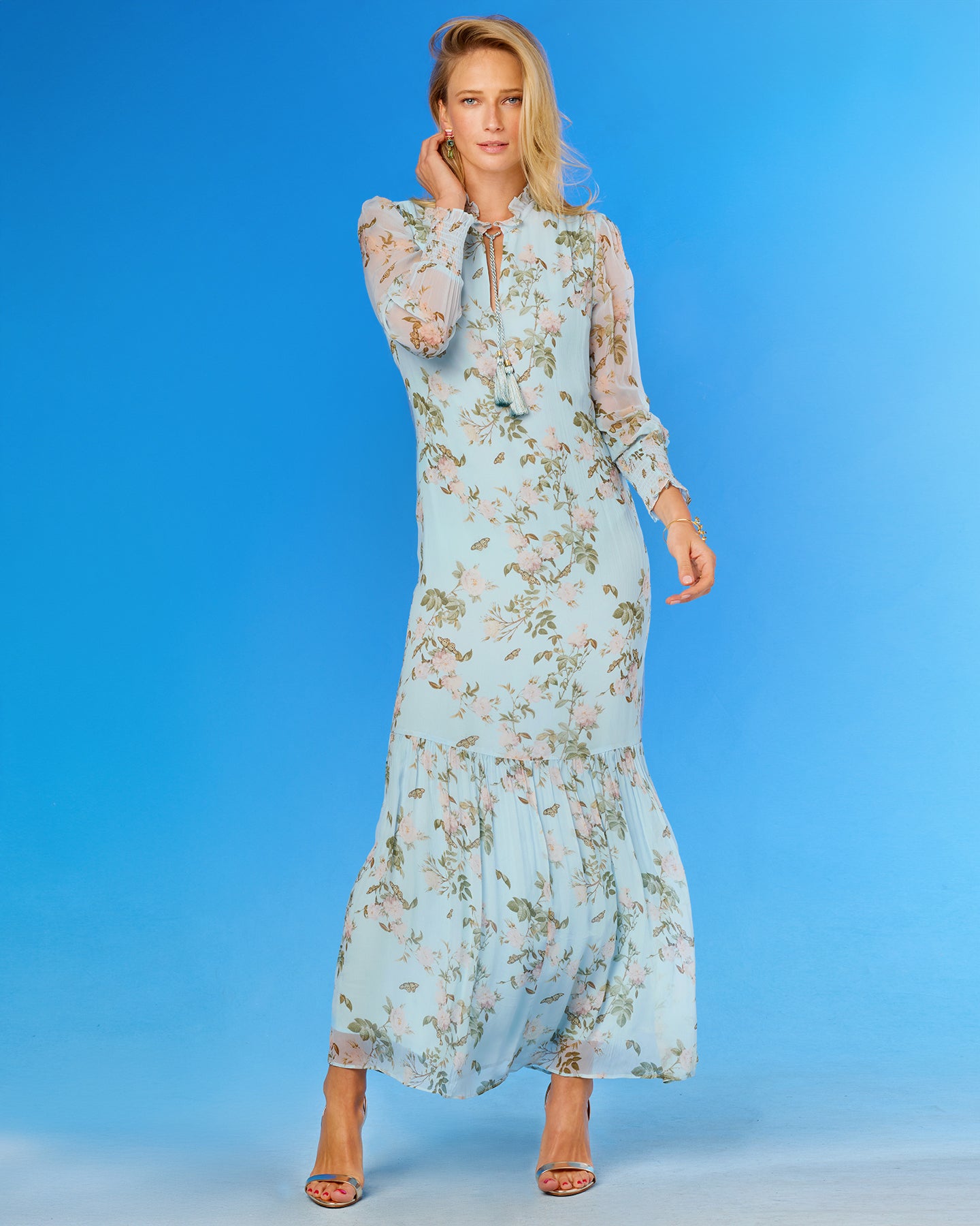 Colette Maxi Chiffon Dress in Porcelain Sky English Garden without a belt