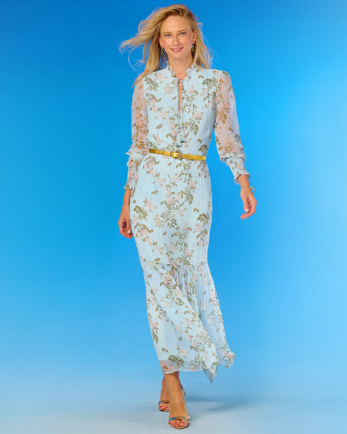 Colette Maxi Chiffon Dress in Porcelain Sky English Garden walking full length view