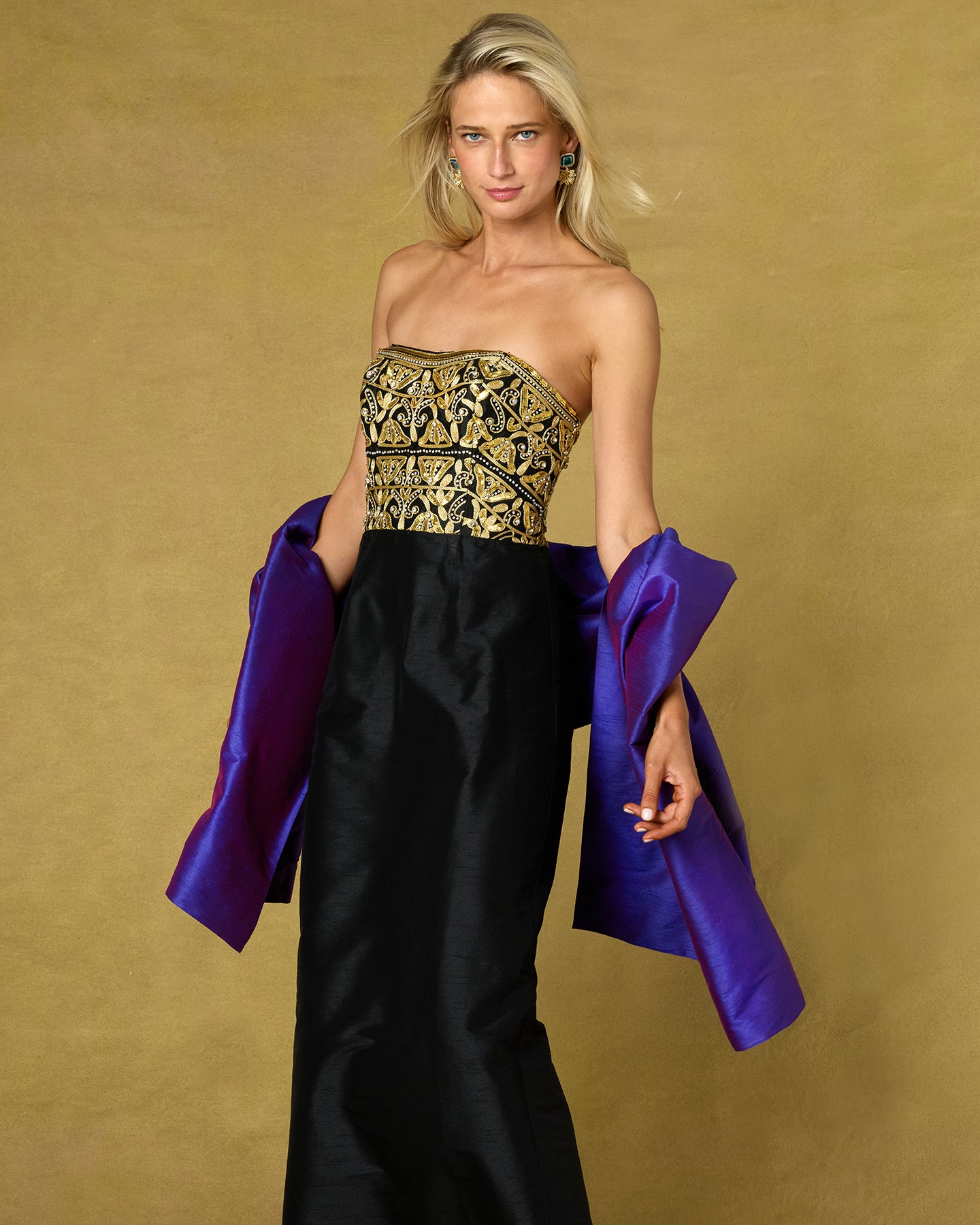 The Valentina Shawl in Orchid Purple worn with the Cornelia Black Strapless Gown with Gold Embellished Bodice