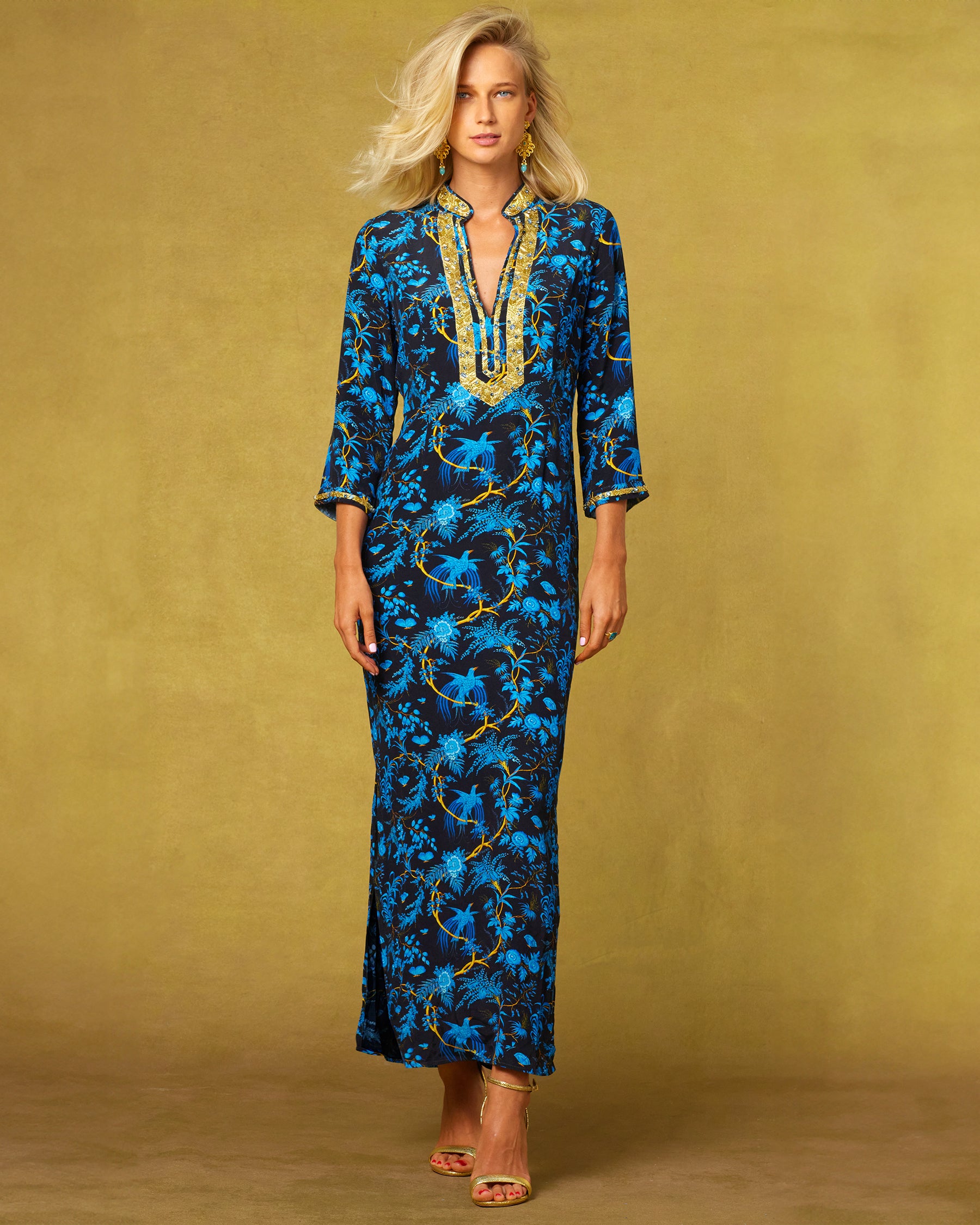 Darcy Long Navy Tunic Dress in Midnight Garden and Gold Embellishment-Front view