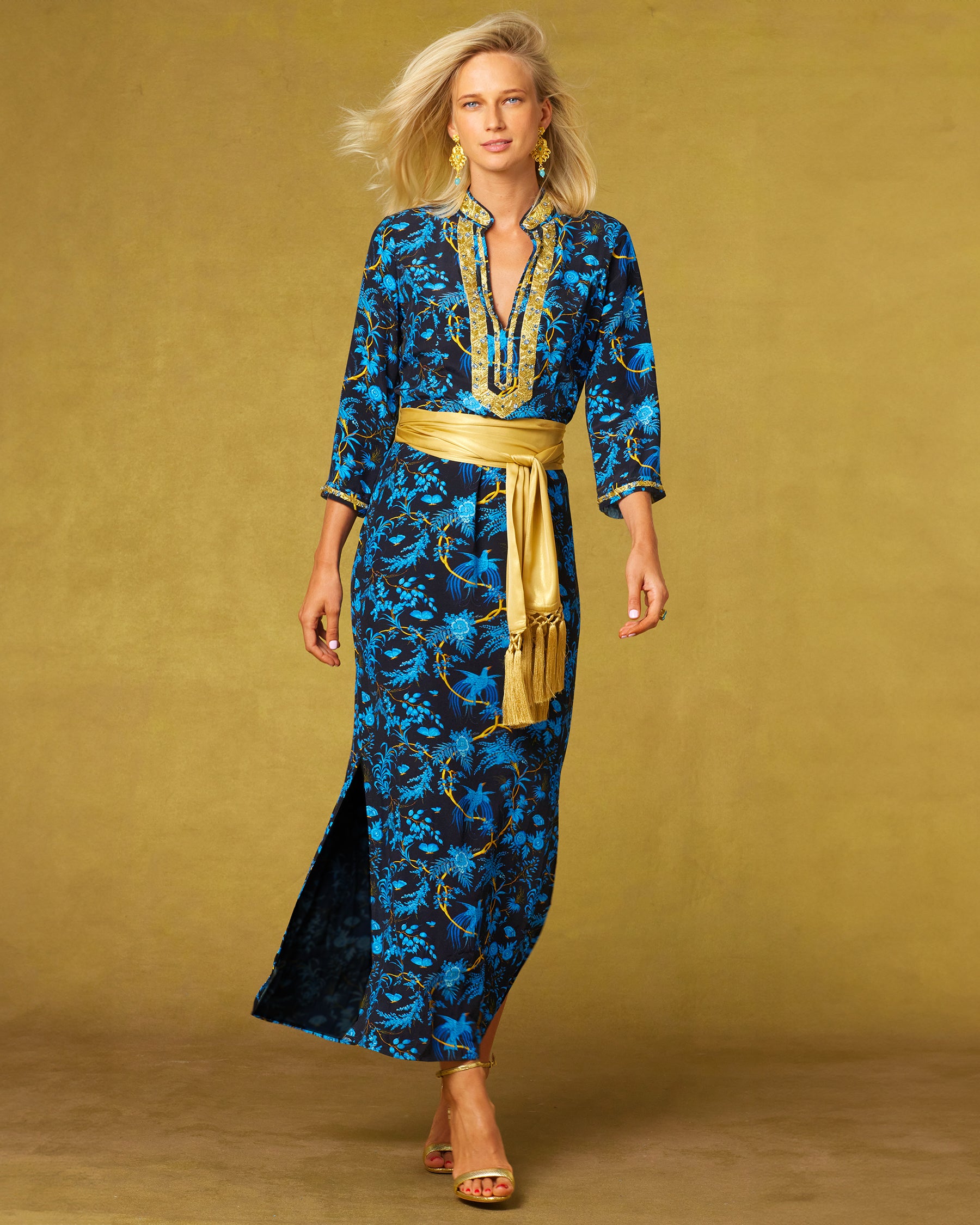 Darcy Long Navy Tunic Dress in Midnight Garden and Gold Embellishment-walking front view