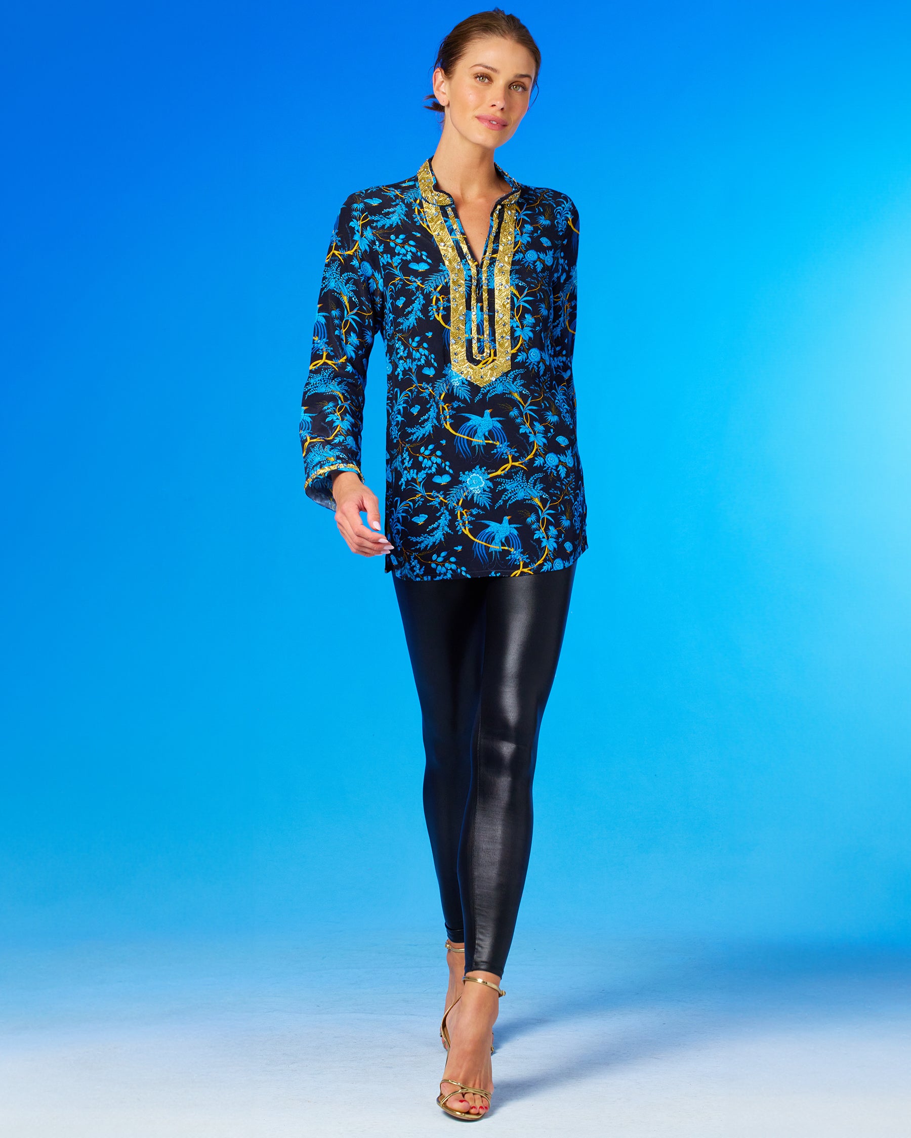 Darcy Tunic in Midnight Garden with Gold Embellishment-Full Length