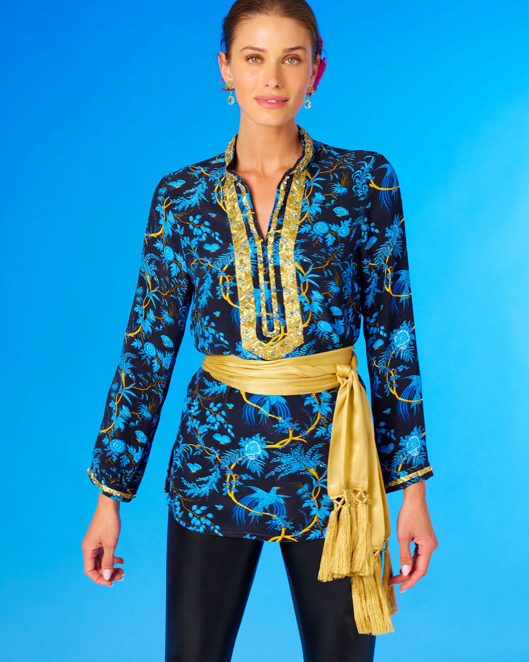 Darcy Tunic in Midnight Garden with Gold Embellishment-With waist cinched by the Cosima Sash Belt in Pale Gold Shimmer