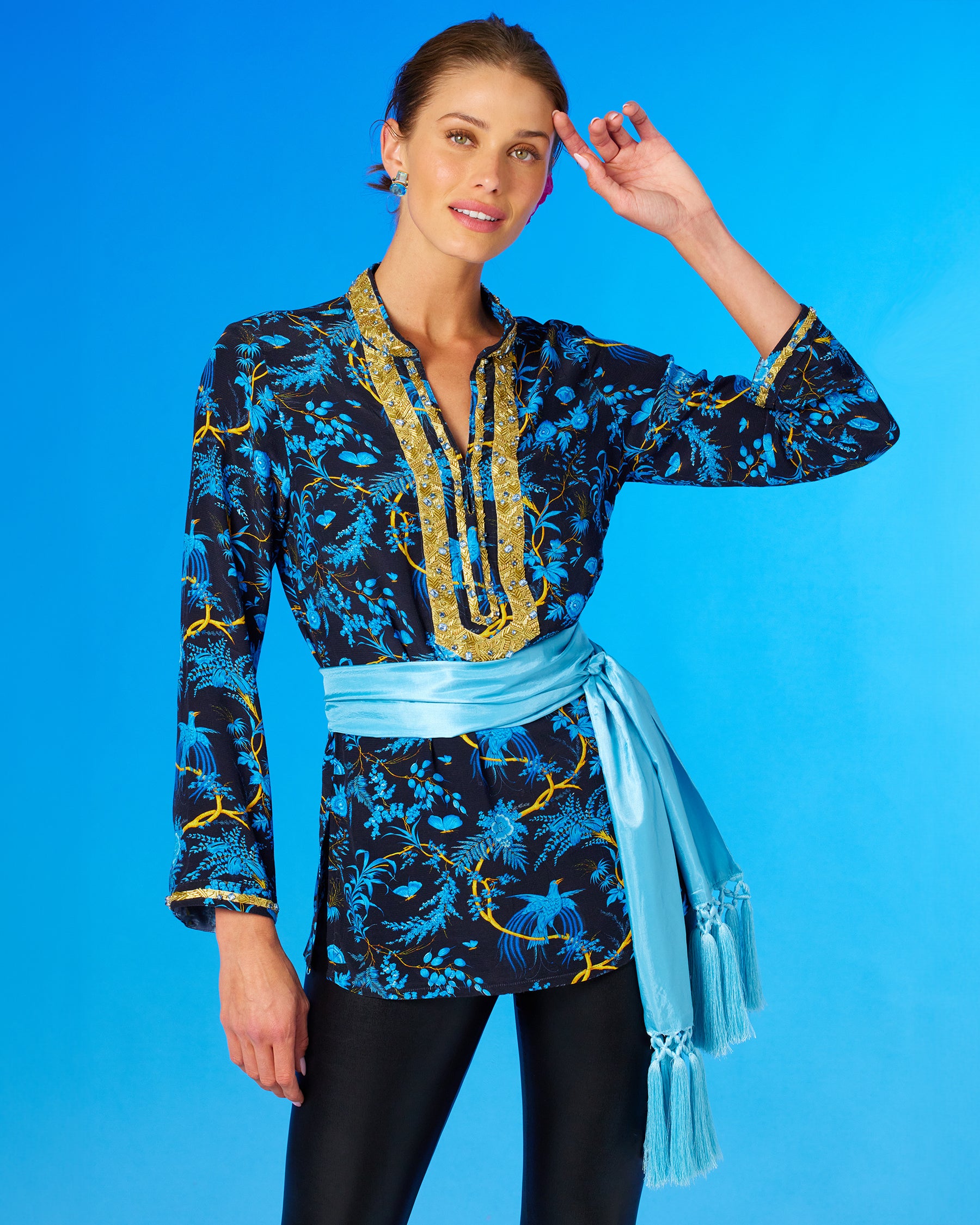 Darcy Tunic in Midnight Garden with Gold Embellishment with arm up