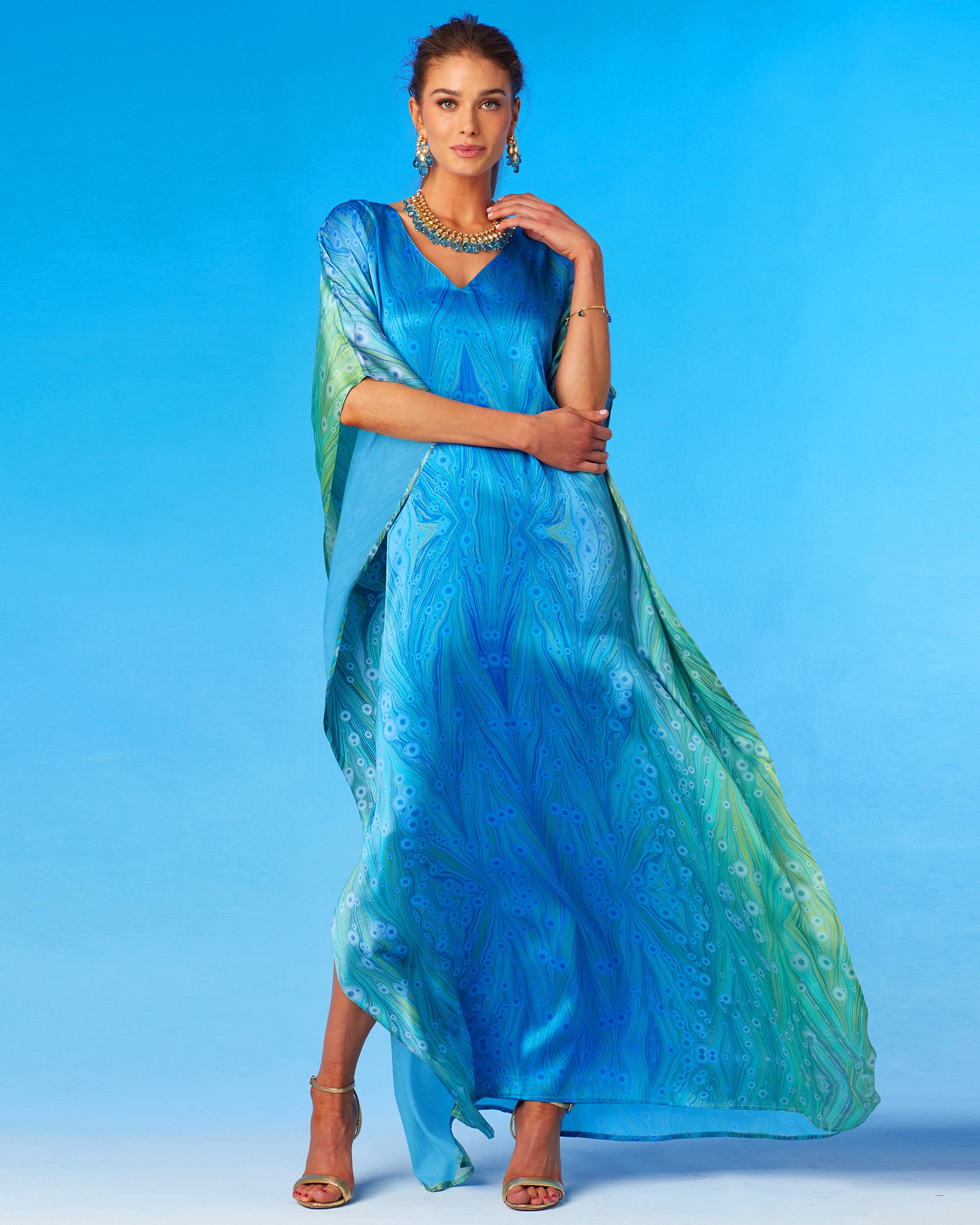 Delfina Silk Kaftan in Sea Nymph Blues-Front View