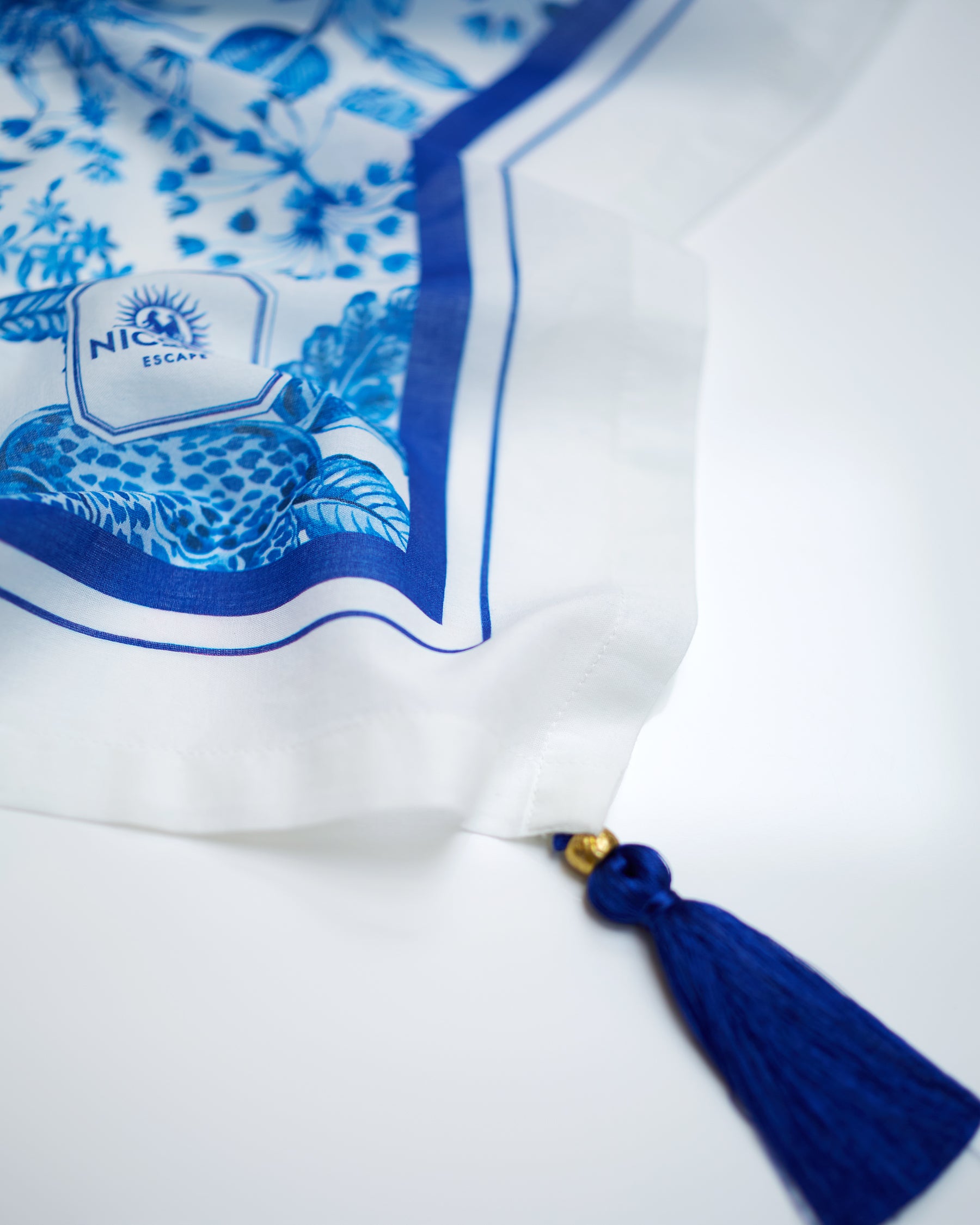 Delftware Blue and White Organic Cotton Pareo-detail of tassel