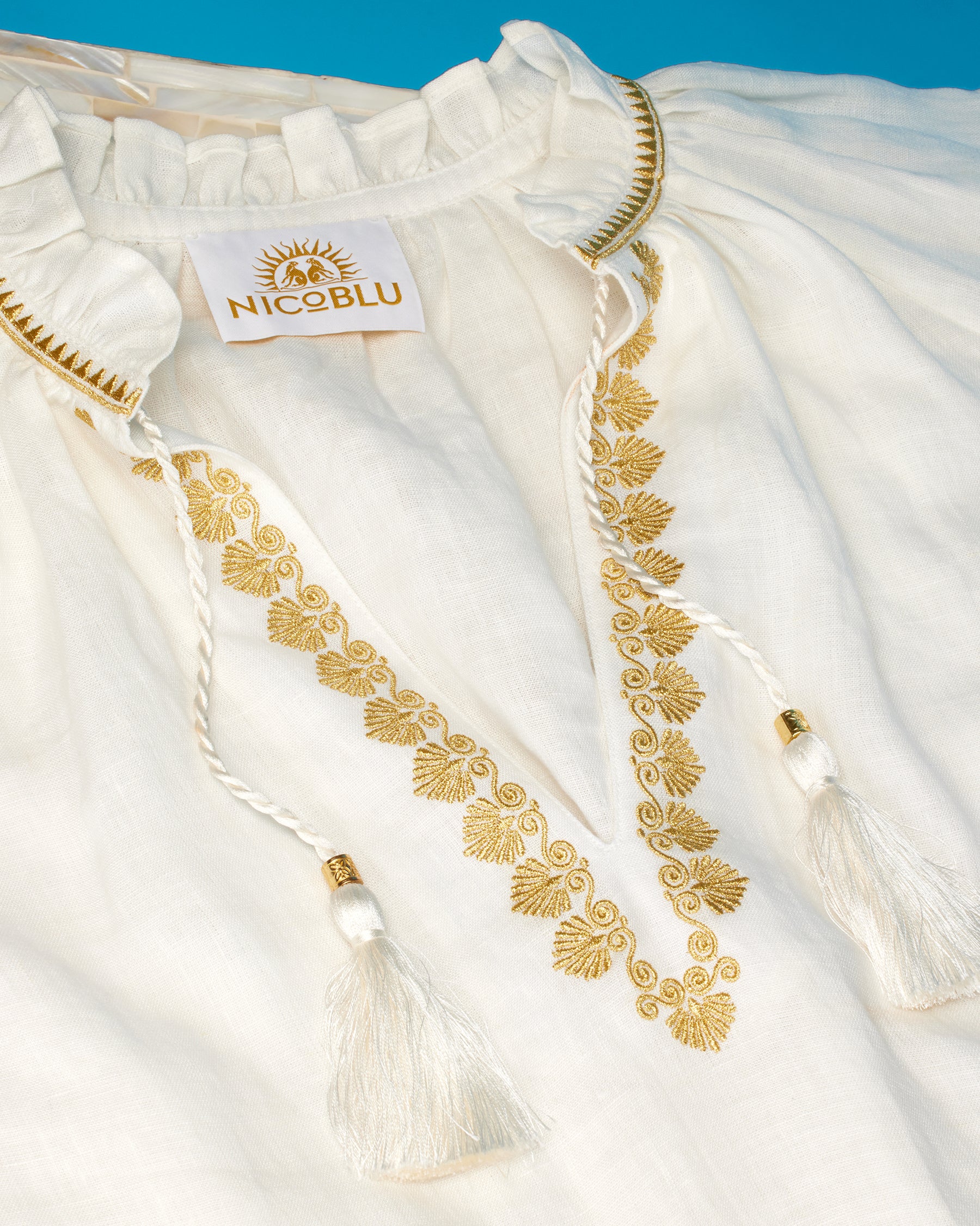 Mykonos Peasant Blouse in Soft White Linen-Detail of Gold Embroidery