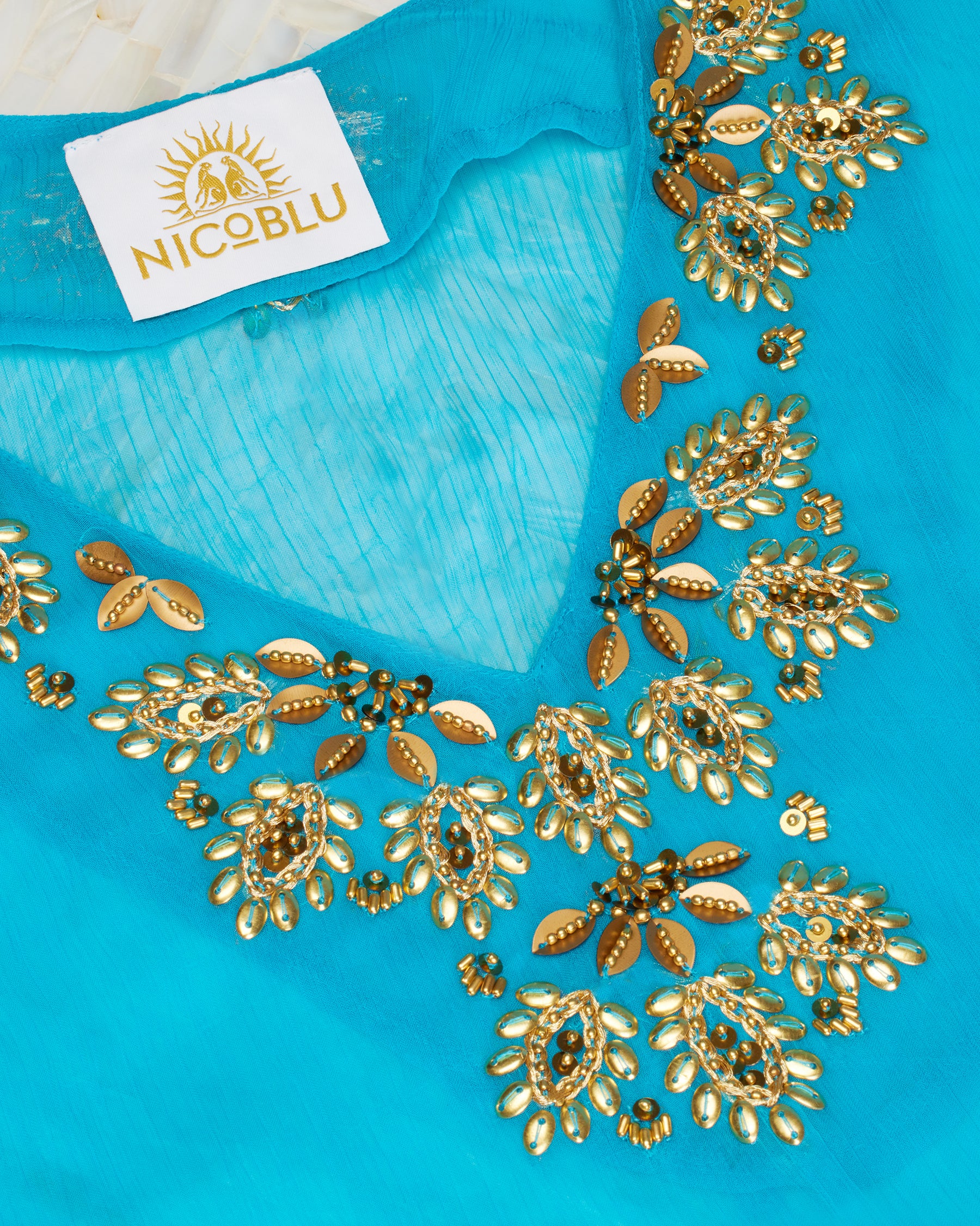 Mirabella Poncho in Crinkle Turquoise Chiffon and Gold Embellishment-Detail