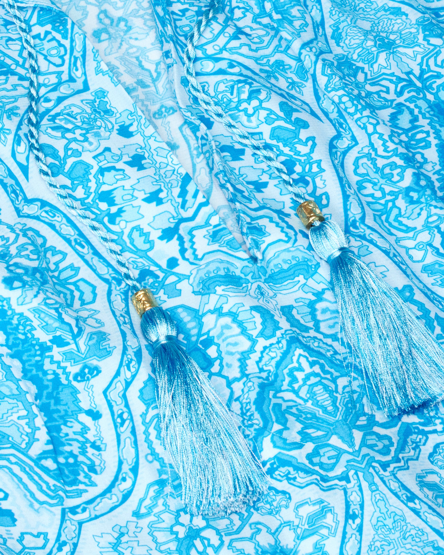 Chloe Crinkle Chiffon Flutter Sleeve Top in Turquoise Paisley-Detail of Tassels
