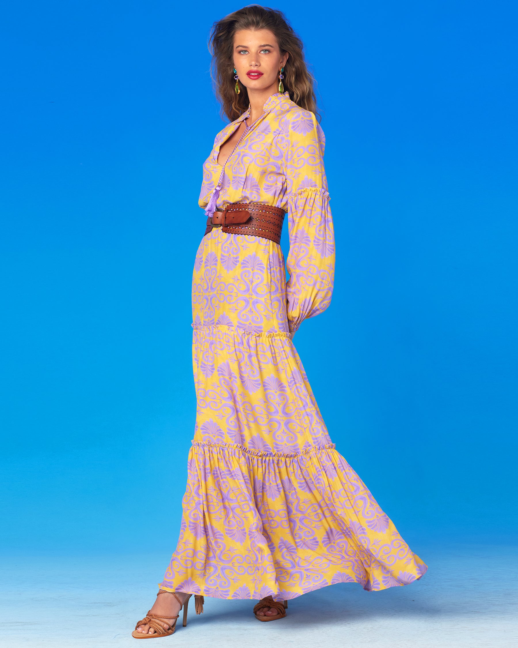 Sabina Maxi Dress in Mediterranean Swirl Motif with wind blowing the skirt