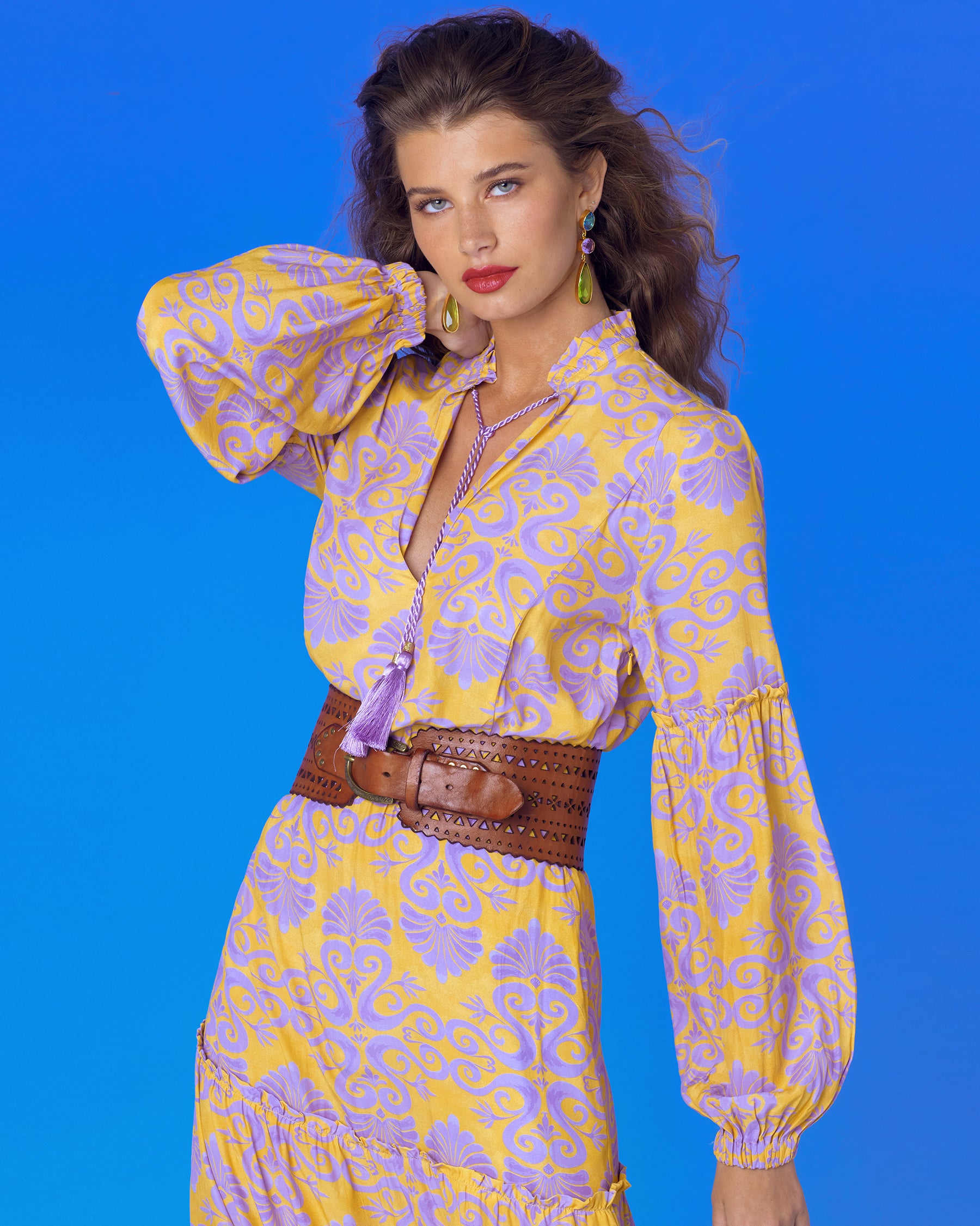 Sabina Maxi Dress in Mediterranean Swirl Motif-Side Portrait