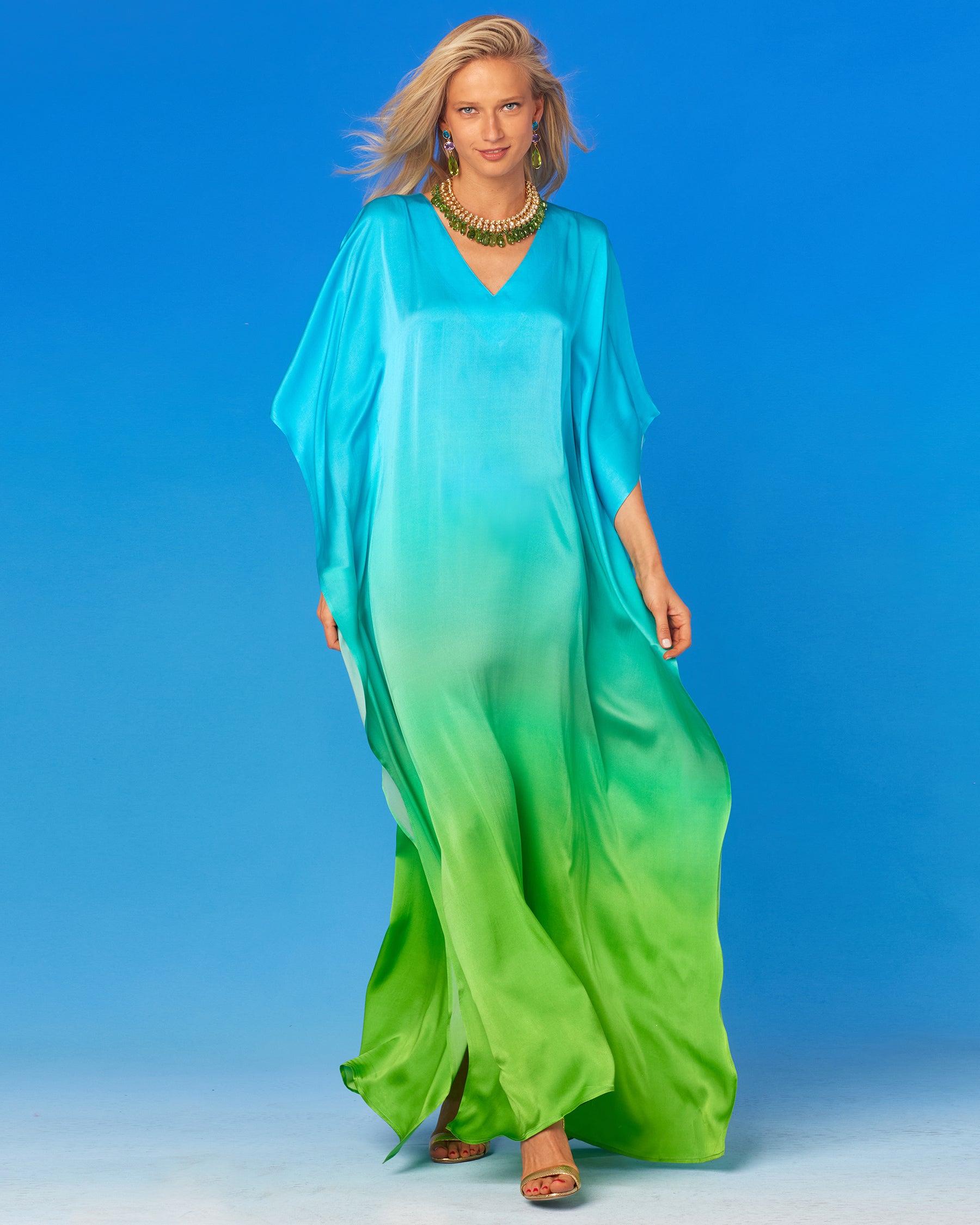 Electra Silk Kaftan in Turquoise to Lime Green Ombre-Front View
