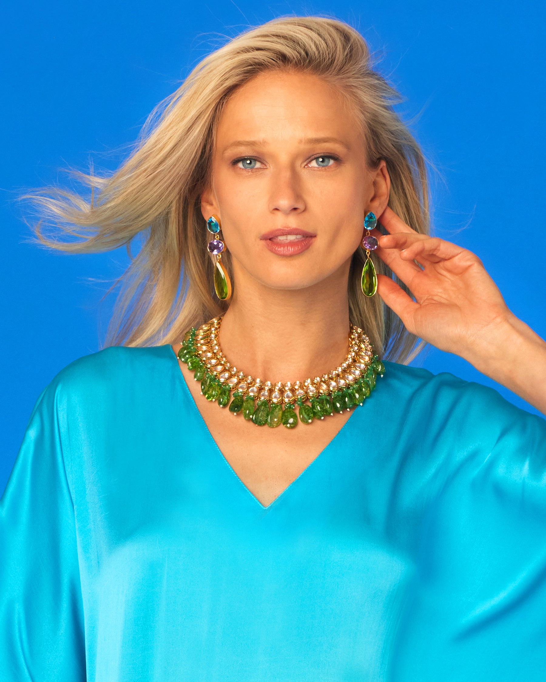 Electra Silk Kaftan in Turquoise to Lime Green Ombre-Portrait