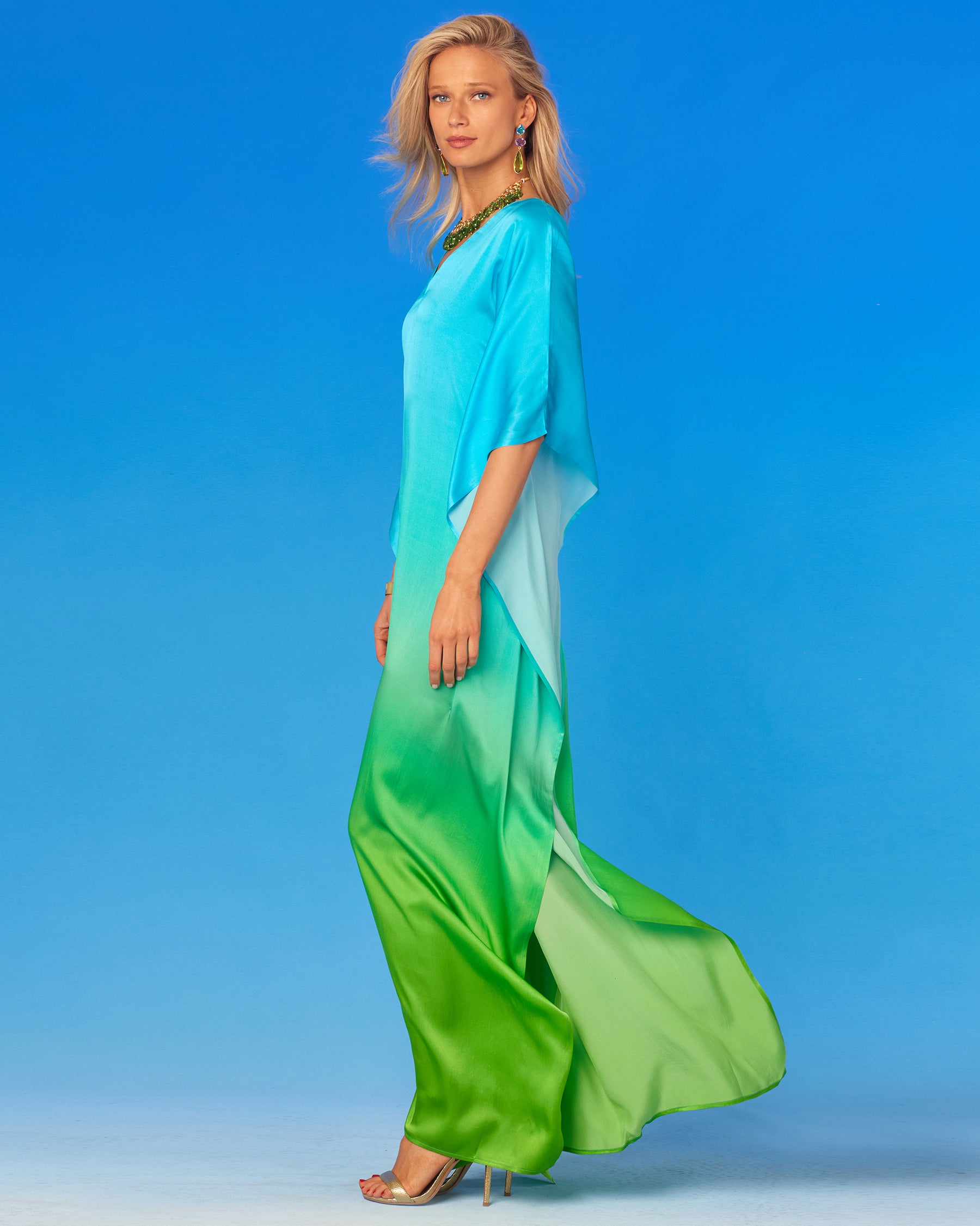 Electra Silk Kaftan in Turquoise to Lime Green Ombre-Side View