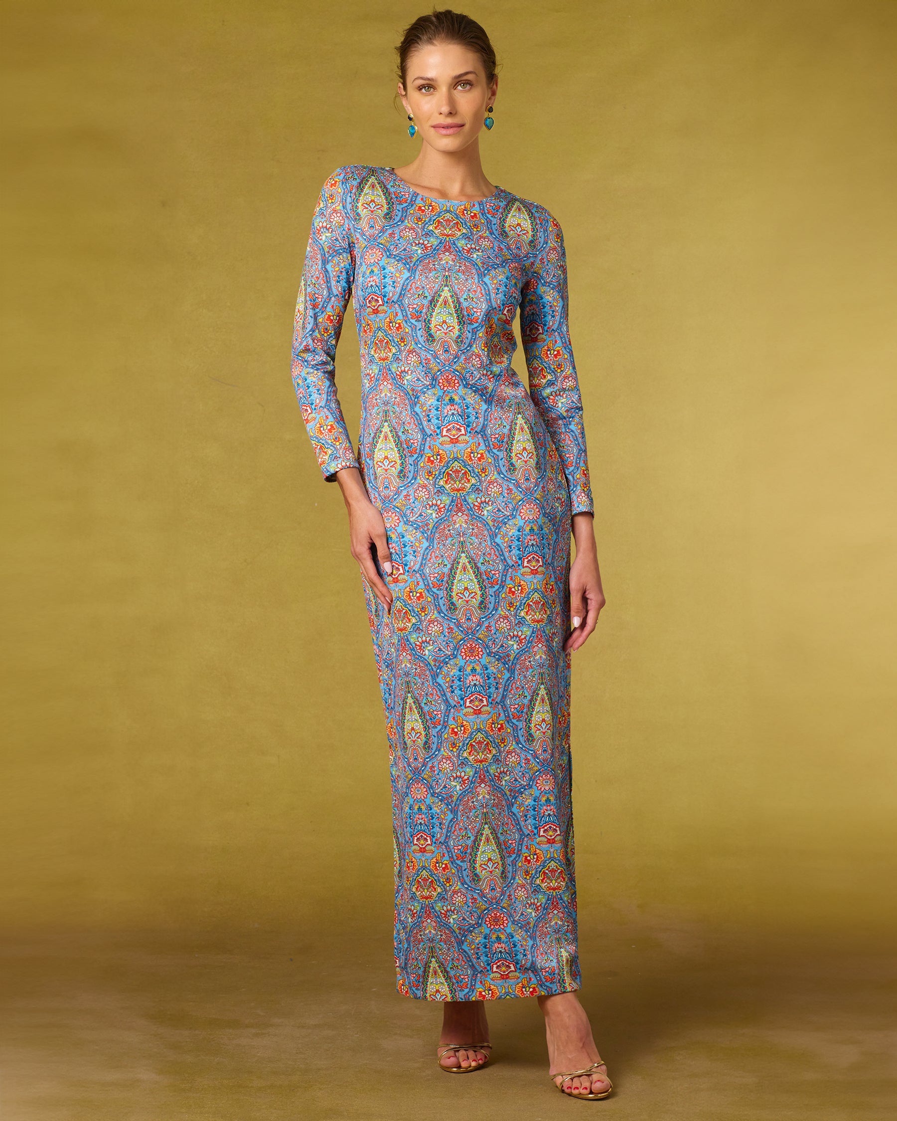 Emerson Stretch Long Dress in Kaleidoscope Paisley-Full front View