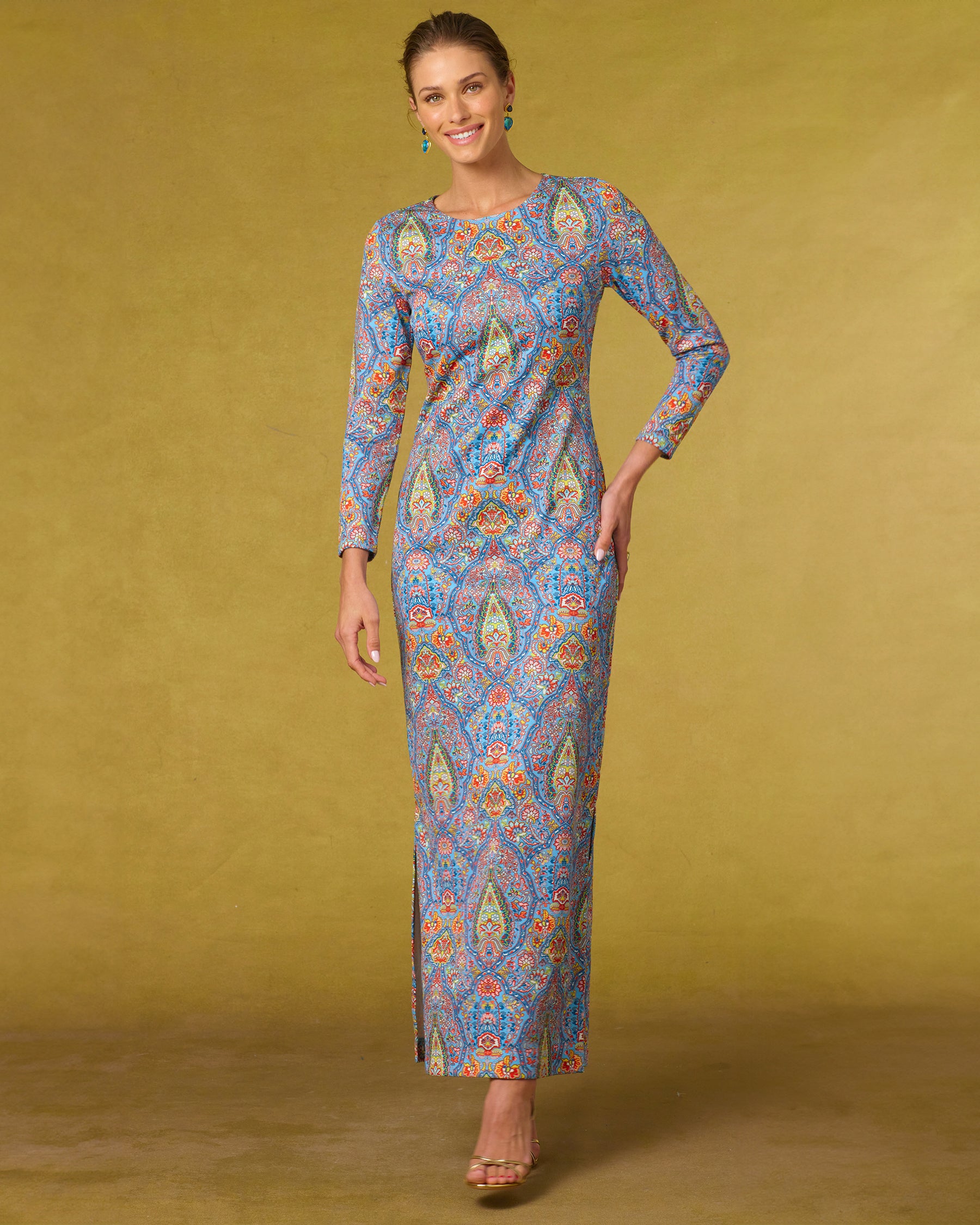 Emerson Stretch Long Dress in Kaleidoscope Paisley-Full length