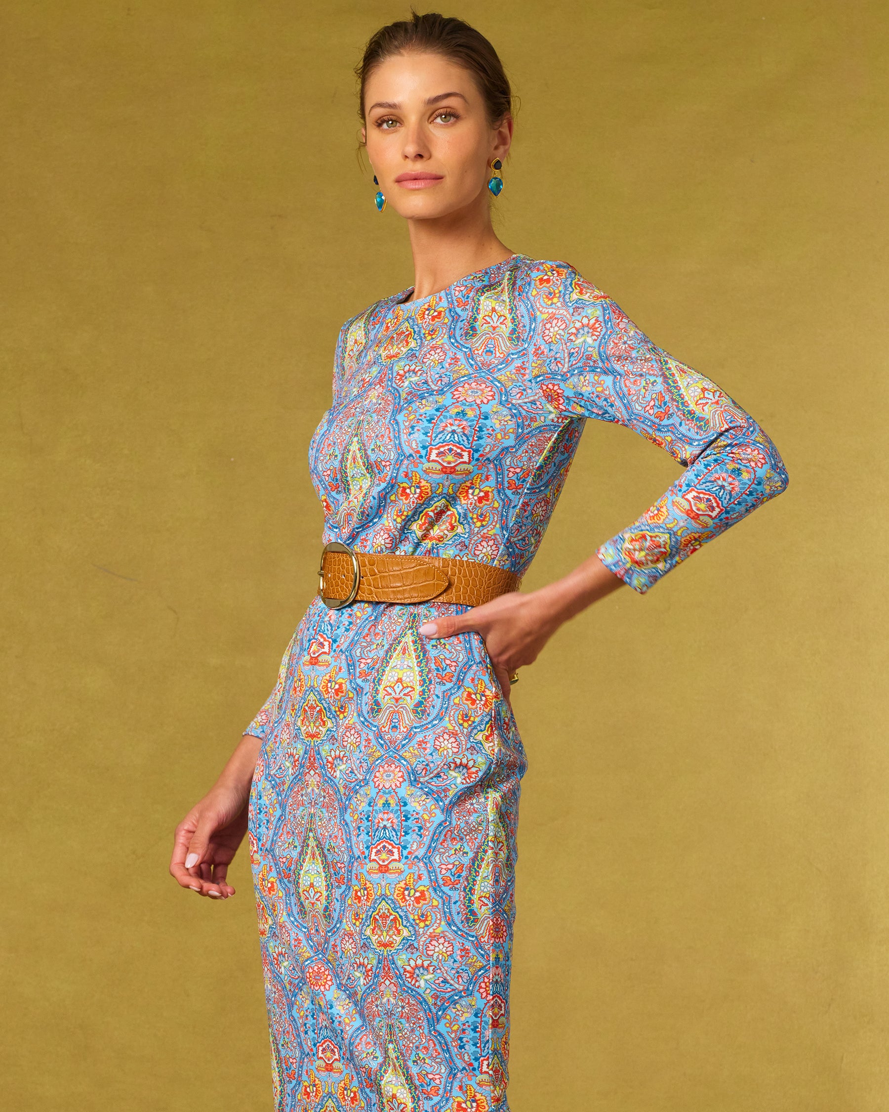 Thornton Wide Leather Belt in Croc-Embossed Honey Tan worn with the Emerson Stretch Long Dress in Kaleidoscope Paisley