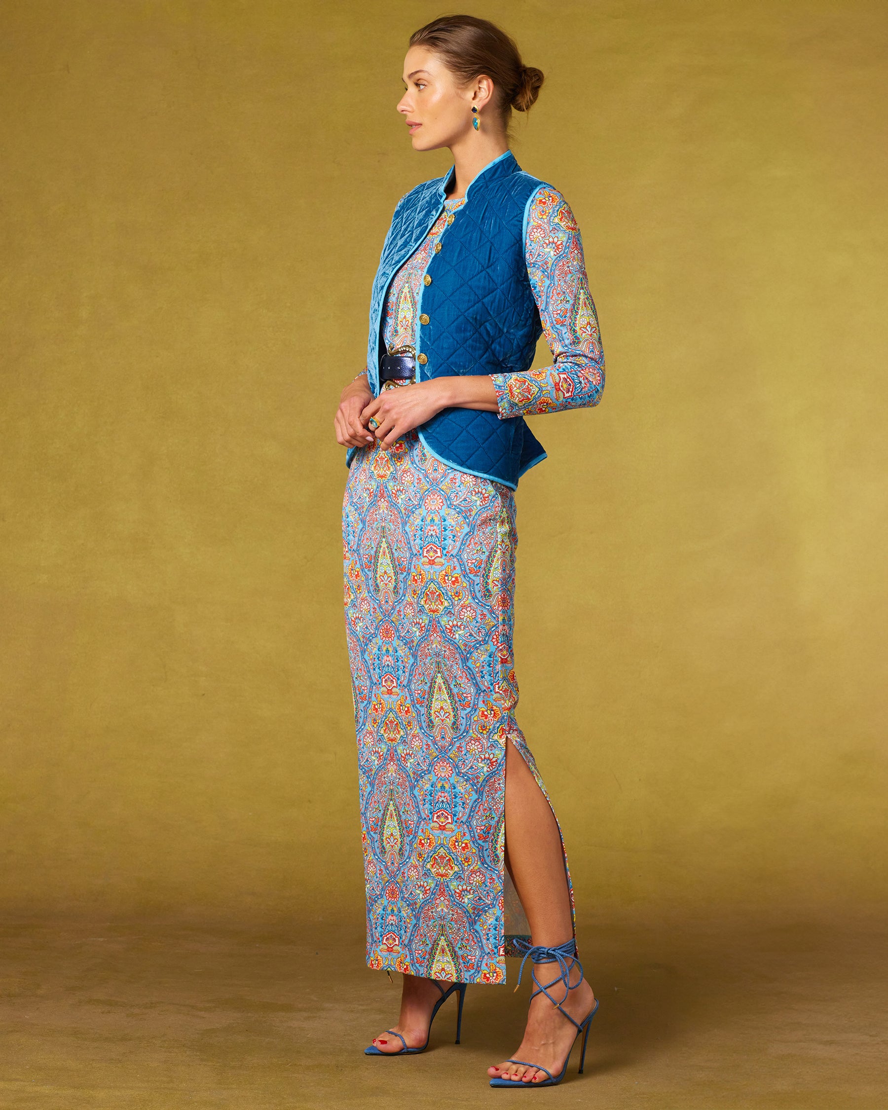 Emerson Stretch Long Dress in Kaleidoscope Paisley-Full Side View with the Bentley Velvet Vest