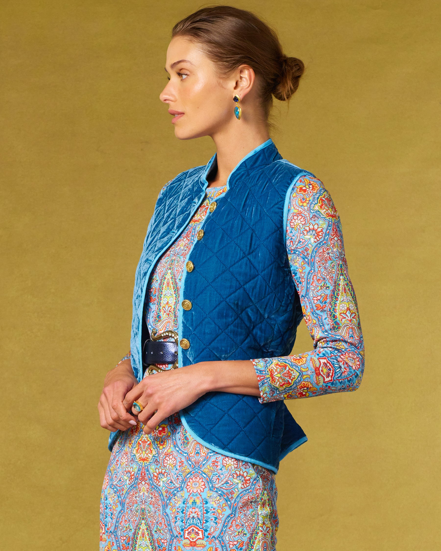 Bentley Quilted Vest in French Blue Silk Blend Velvet