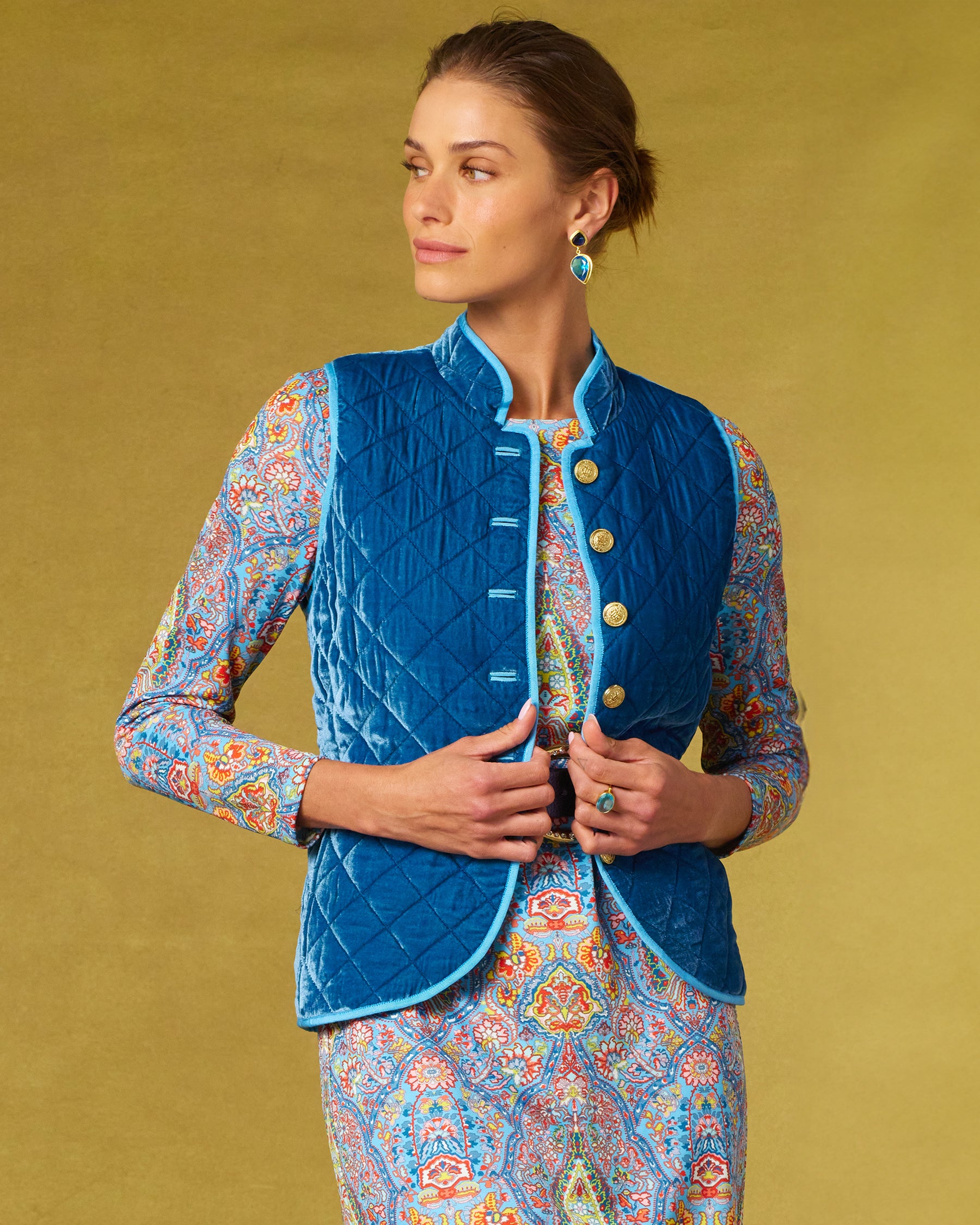 Bentley Quilted Vest in French Blue Silk Blend Velvet