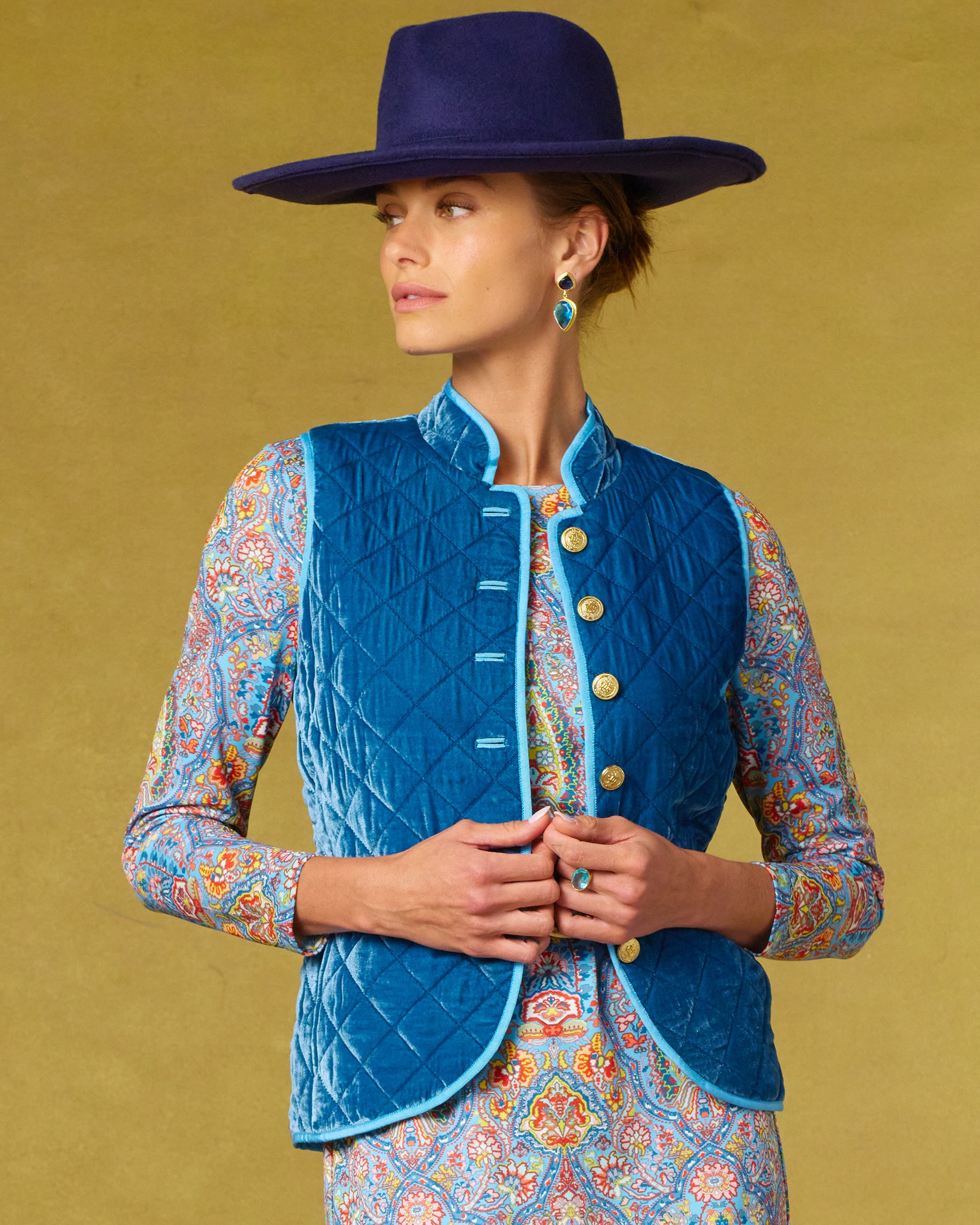 Bentley Quilted Vest in French Blue Silk Blend Velvet