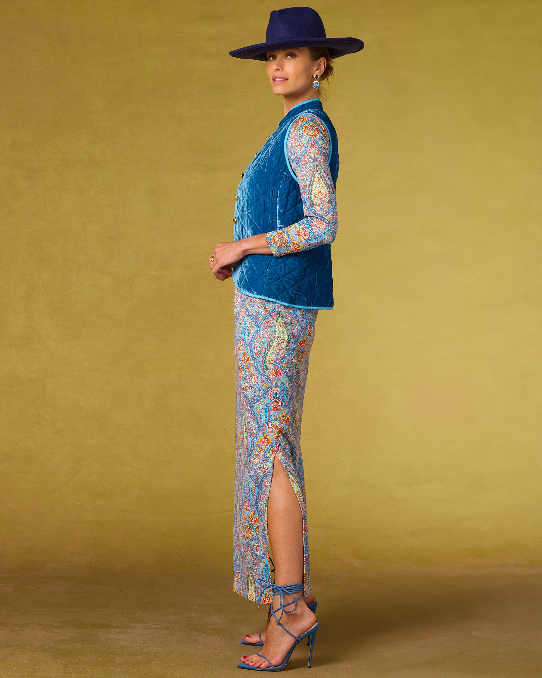 Hudson Navy Wool Felt Hat worn with teh Bentley Quilted Vest in French Blue Silk Blend Velvet and teh Emerson Stretch Long Dress in Kaleidoscope Paisley