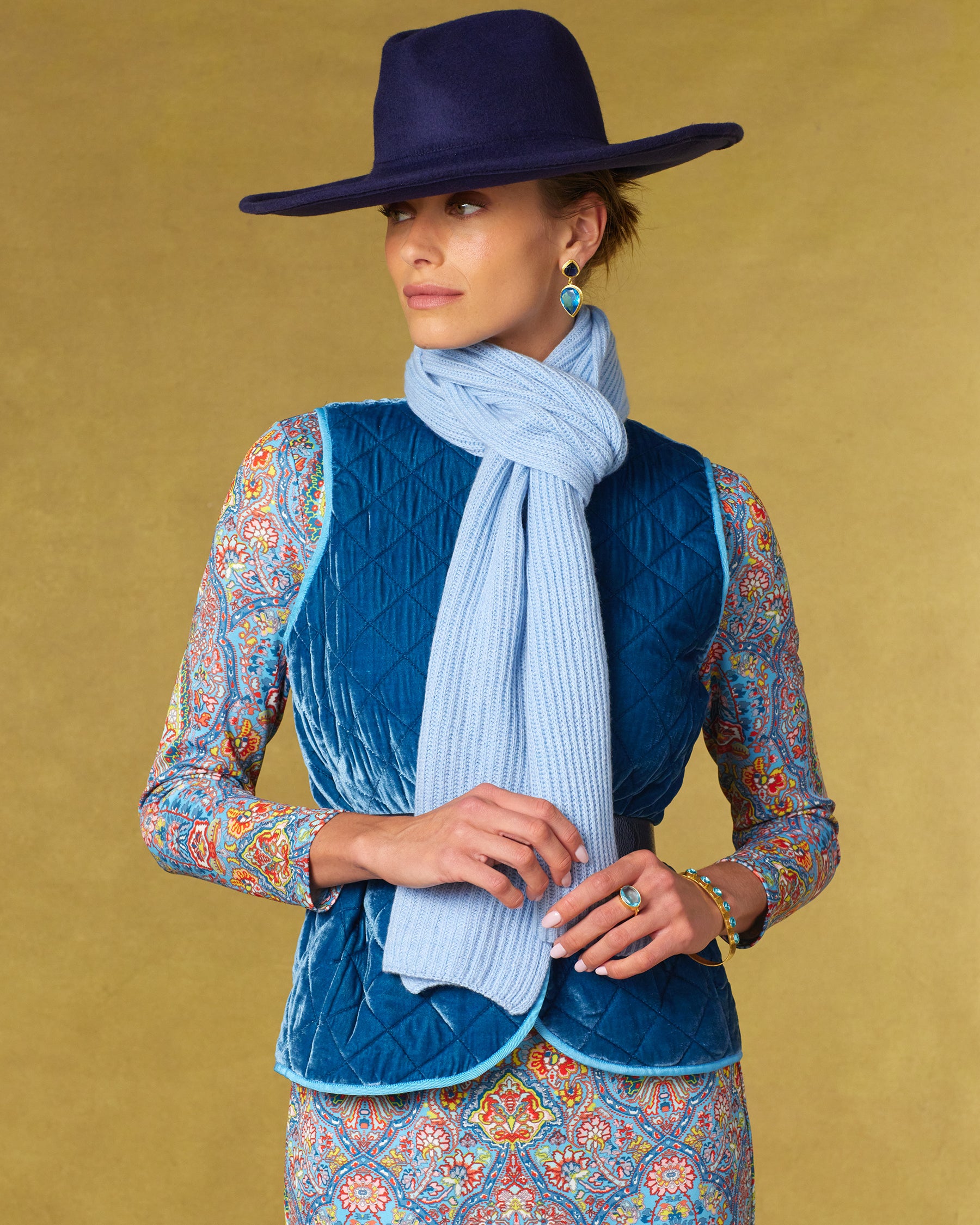 Hudson Navy Wool Felt Hat worn with teh Bentley Quilted Vest in French Blue Silk Blend Velvet and the Ella Cashmere Blend Scarf in Powder Blue