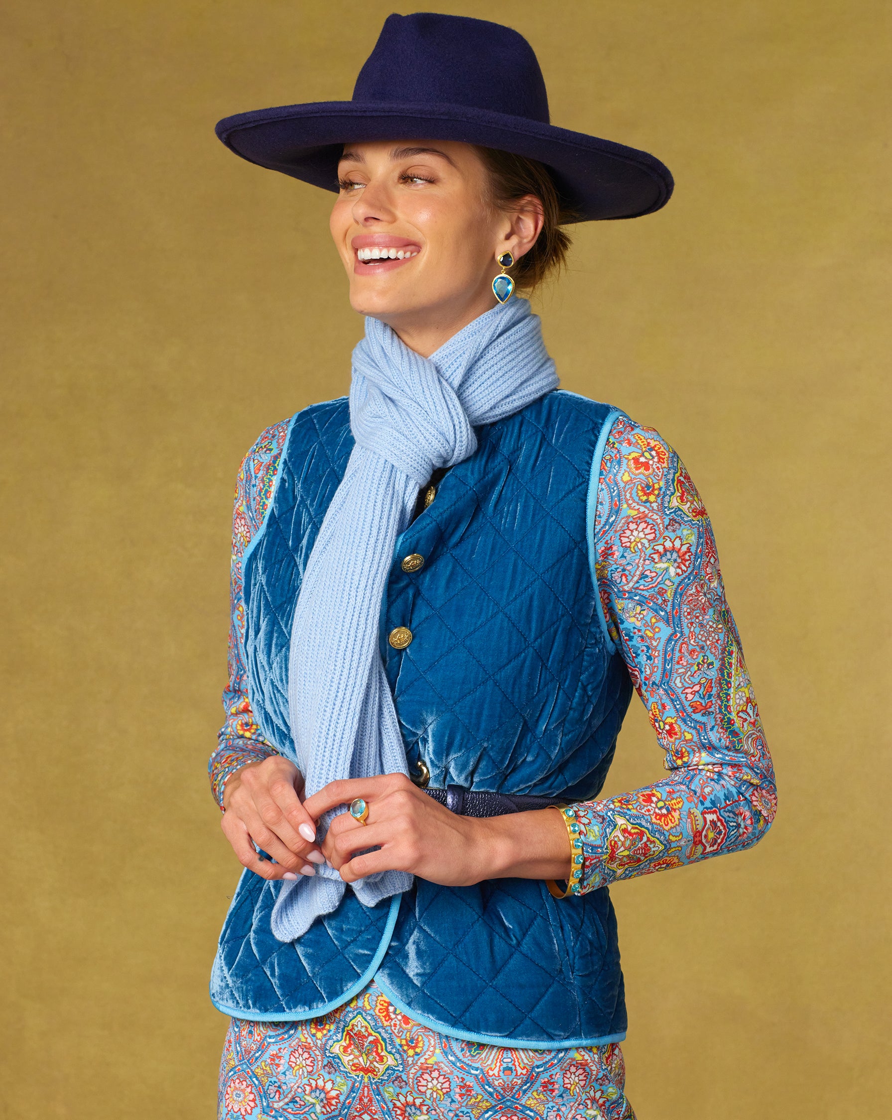 Ella Cashmere Blend Scarf in Powder Blue worn with the Bentley Quilted Vest in French Blue Silk Blend Velvet