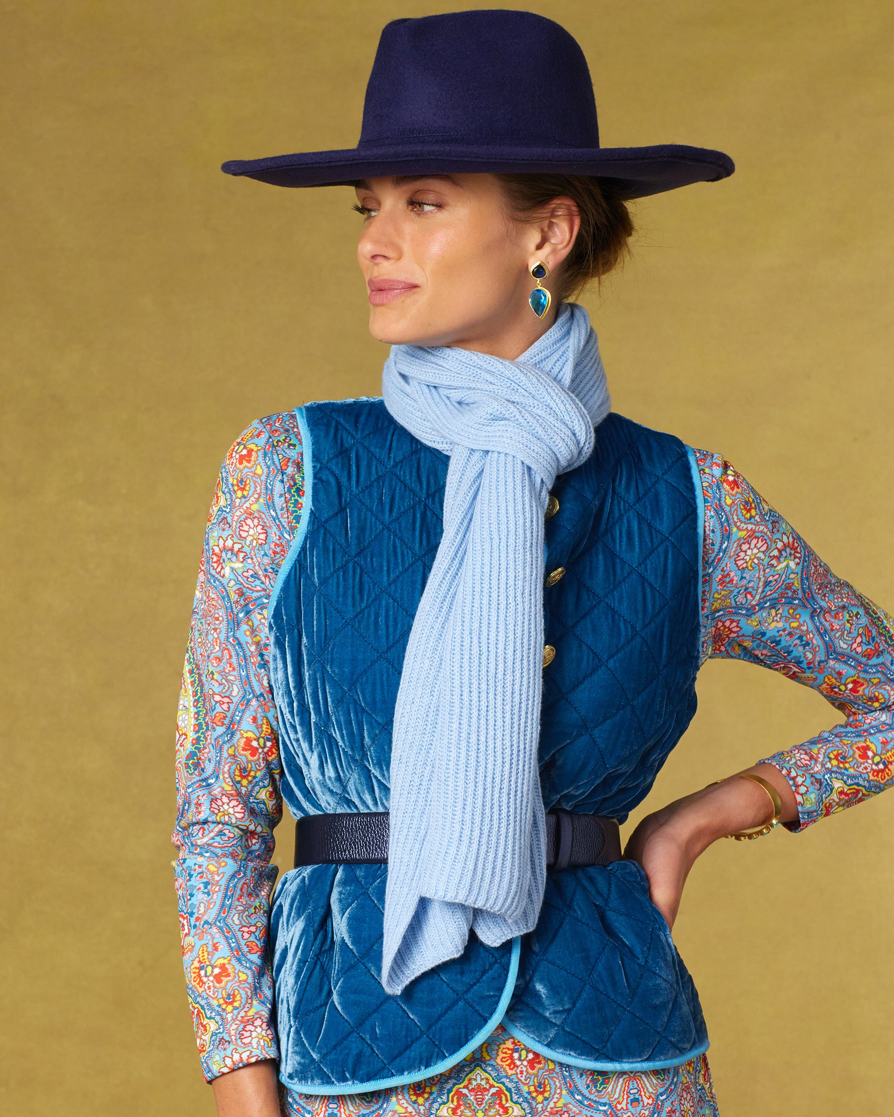 Hudson Navy Wool Felt Hat worn with teh Bentley Quilted Vest in French Blue Silk Blend Velvet and the Ella Cashmere Blend Scarf in Powder Blue