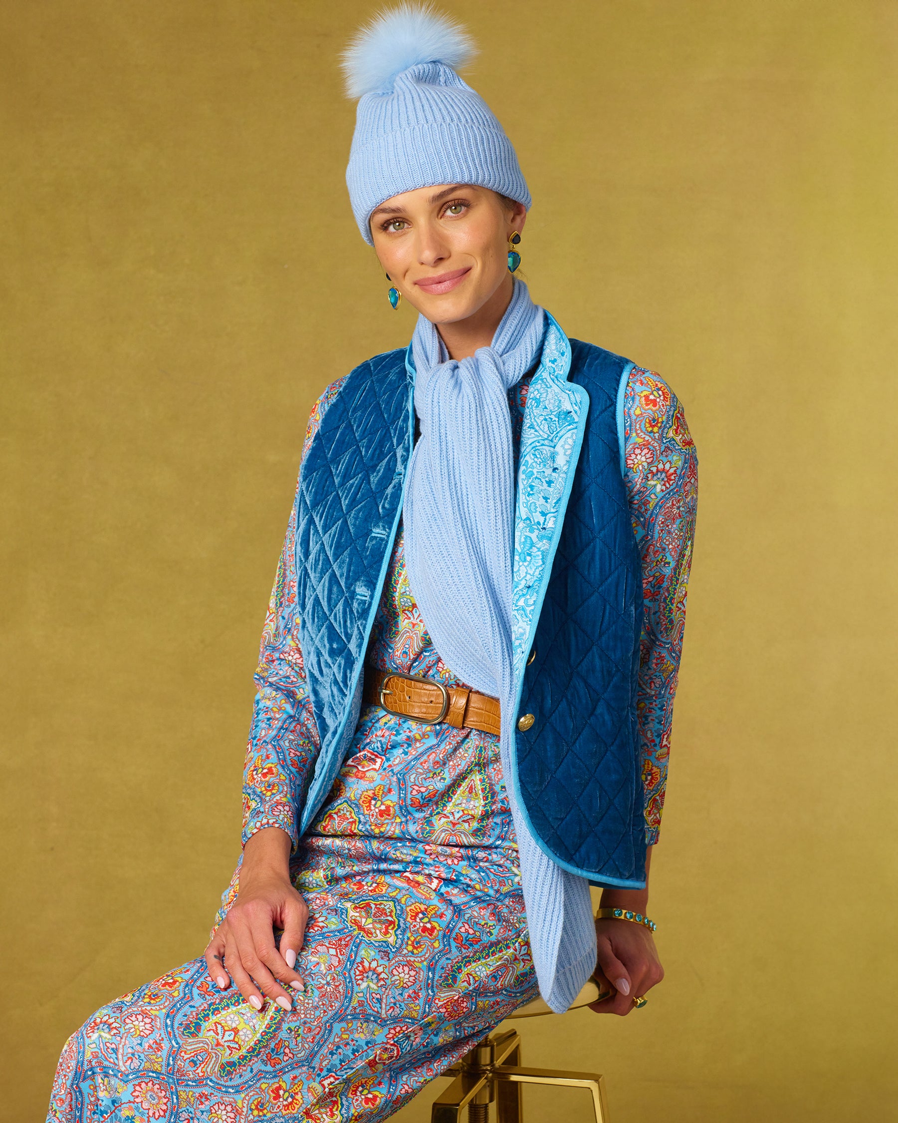 Ella Cashmere Blend Hat in Powder Blue and Fox Fur Pom Pom, Bentley Quilted Silk Velvet Vest and the Emerson Dress