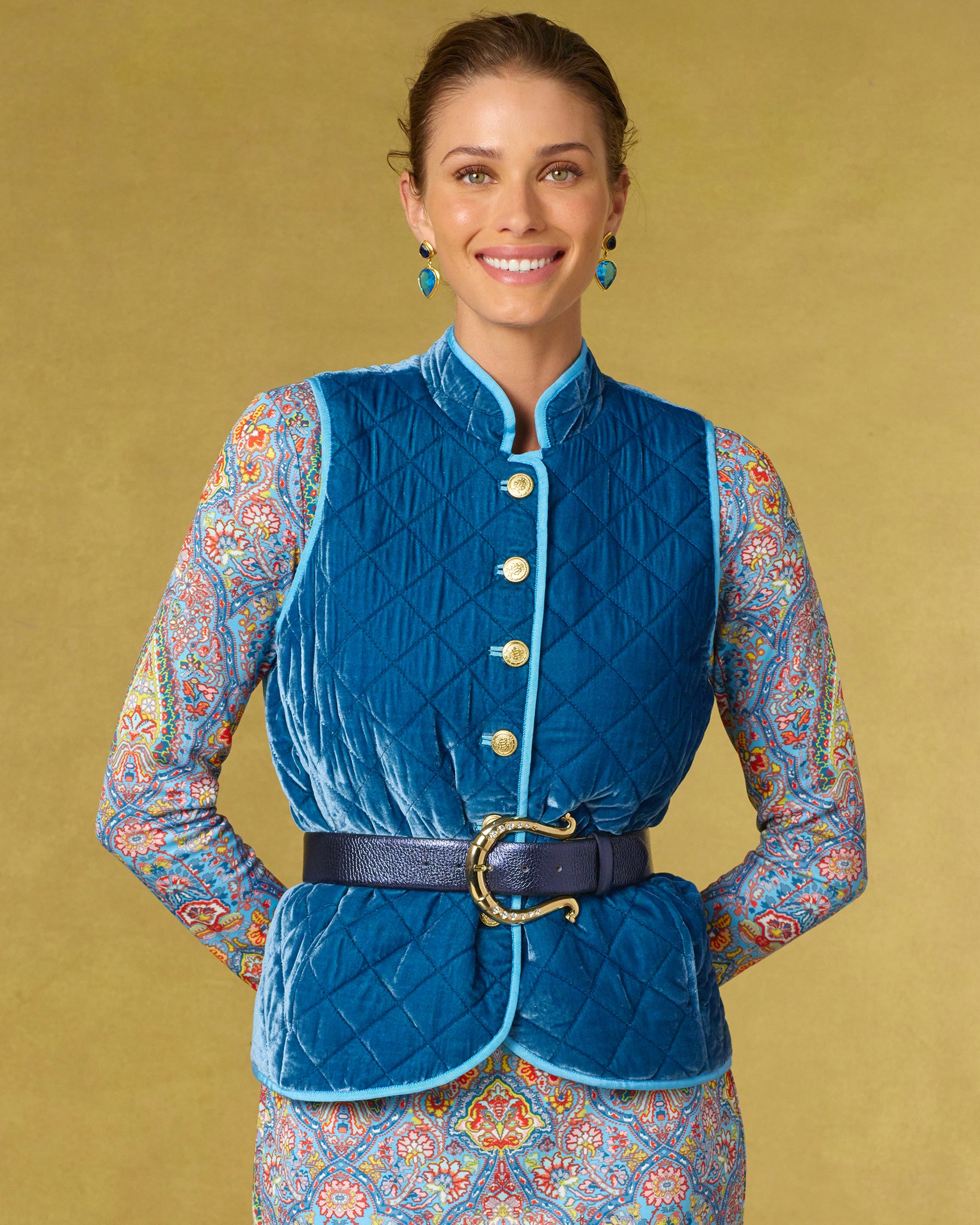 Bentley Quilted Vest in French Blue Silk Blend Velvet