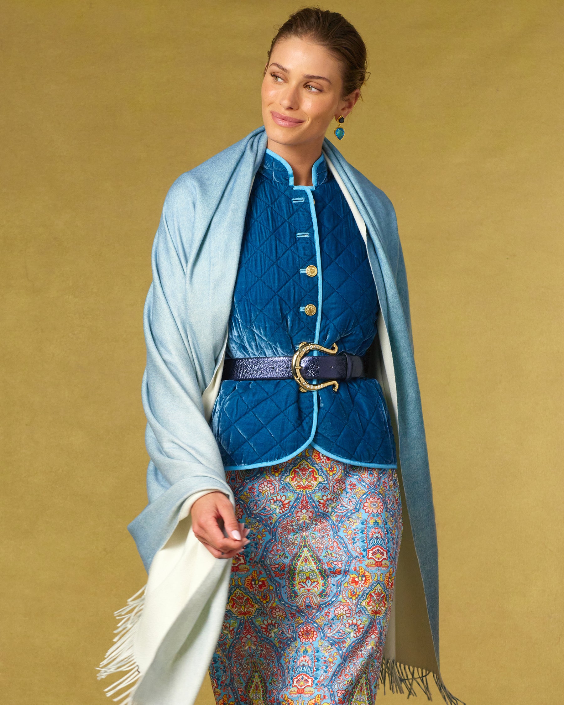 Bentley Quilted Vest in French Blue Silk Blend Velvet