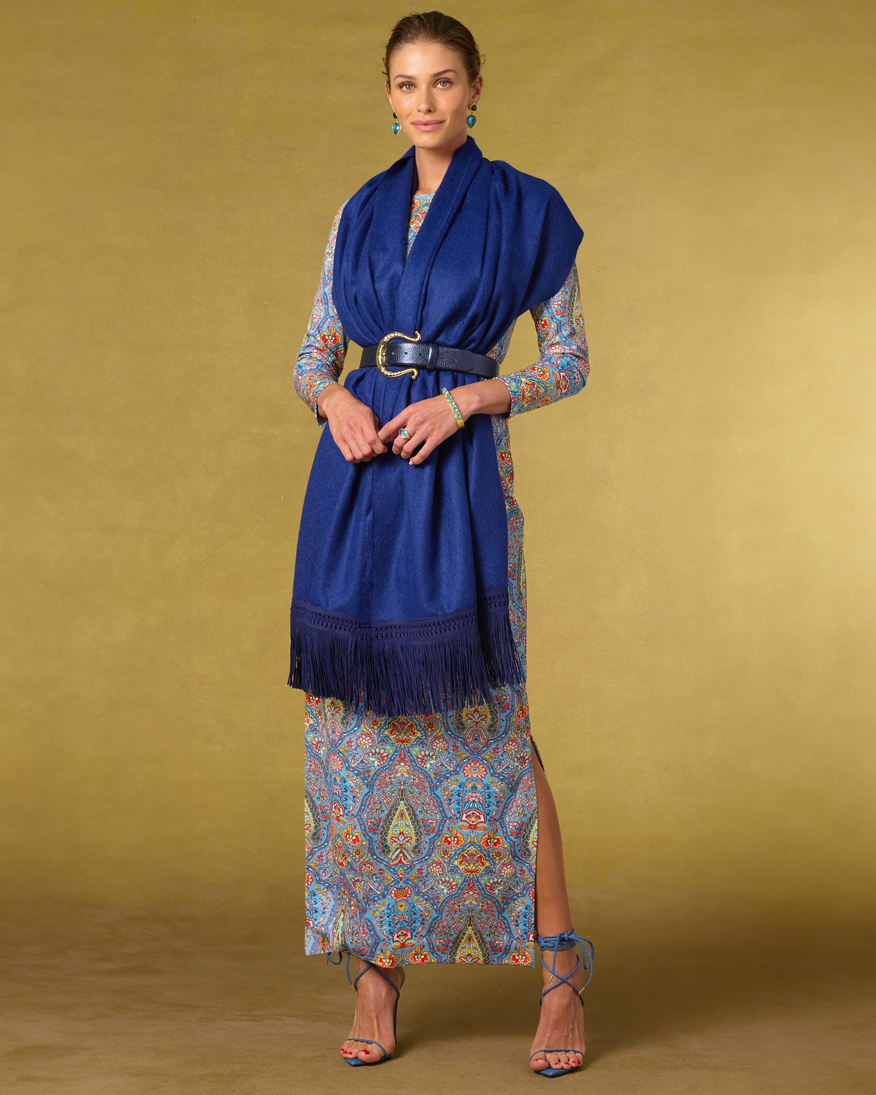 Begoña & Co Cashpiel Navy Shawl with Suede Leather Fringe worn cinched over the Emerson Long Dress