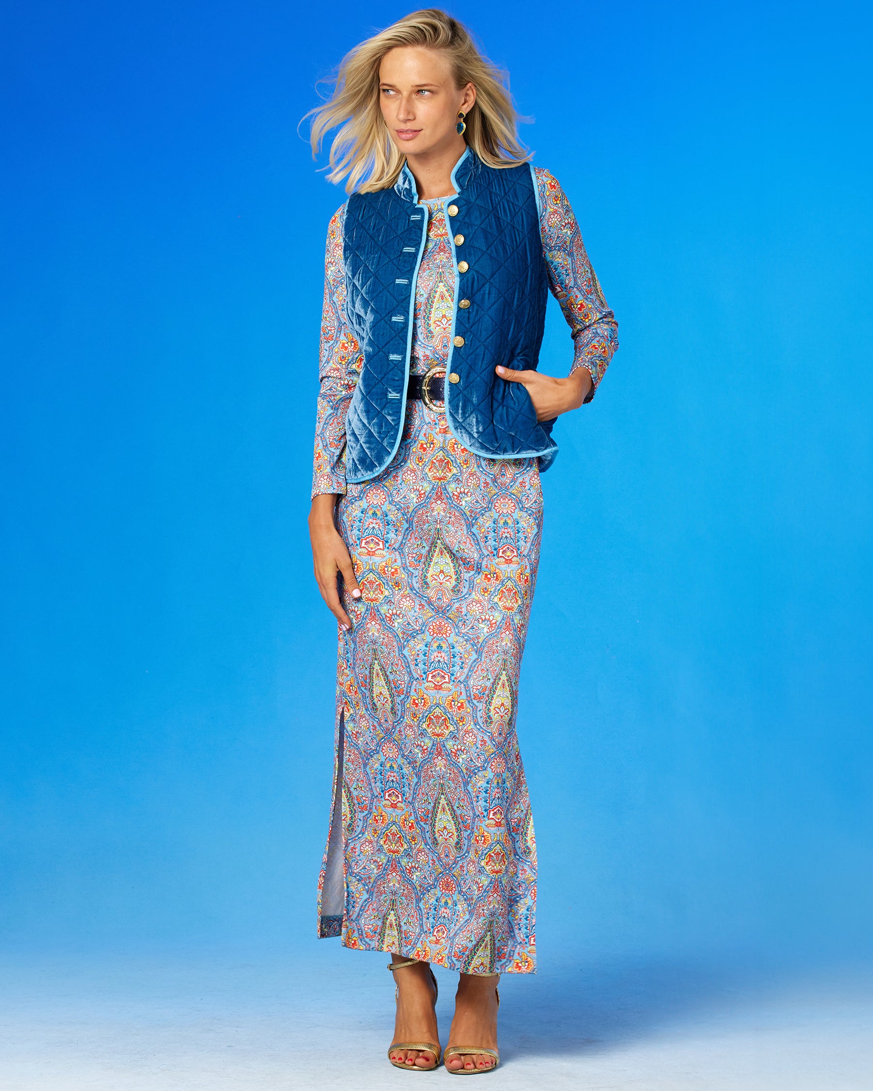 Emerson Stretch Long Dress in Kaleidoscope Paisley-Full View with teh Bentley Velvet Vest