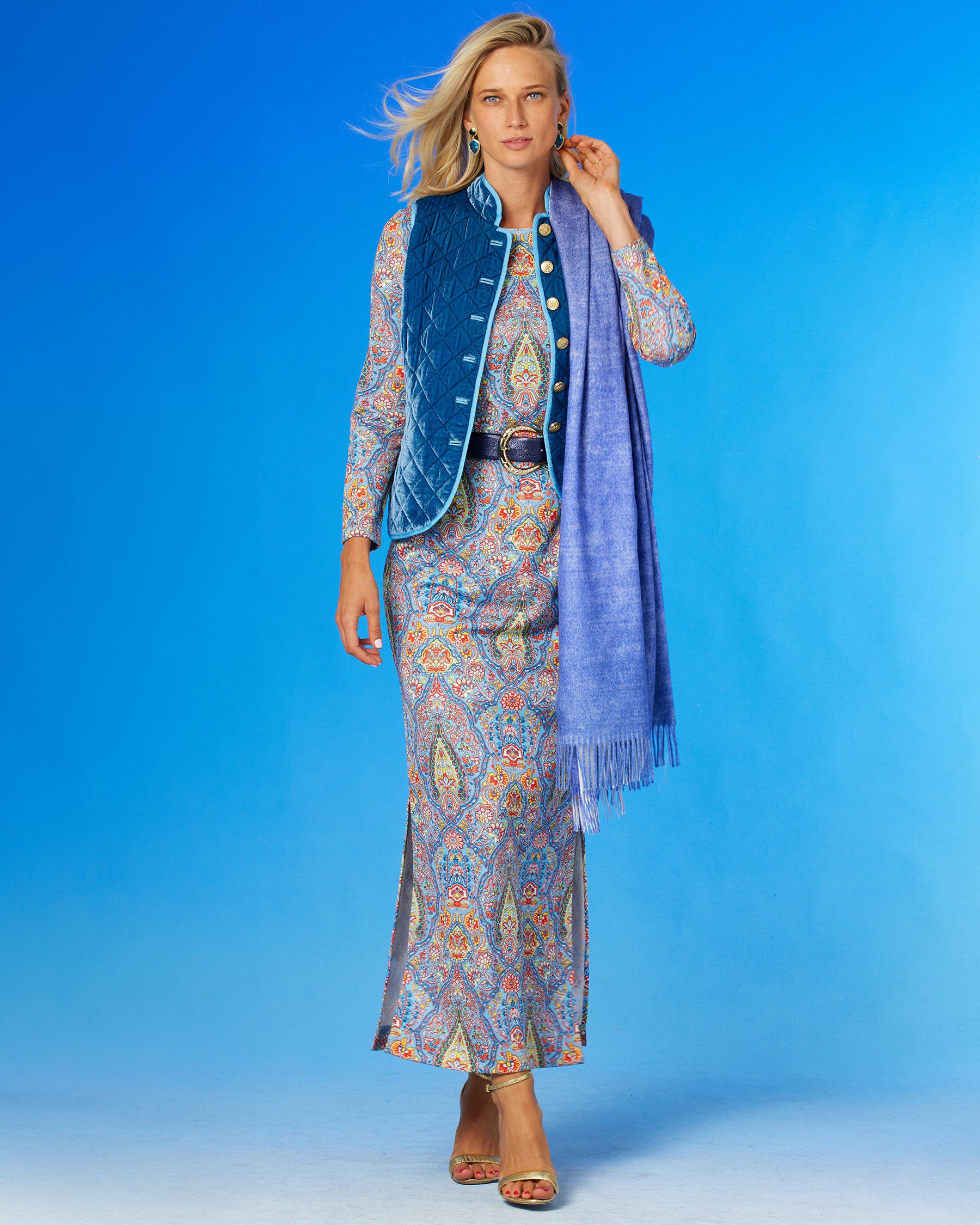 Begoña & Co Sibelina Ombre Effect Shawl/Throw in Indigo Blue-Worn with the Emerson Long Dreess and Velvet Vest