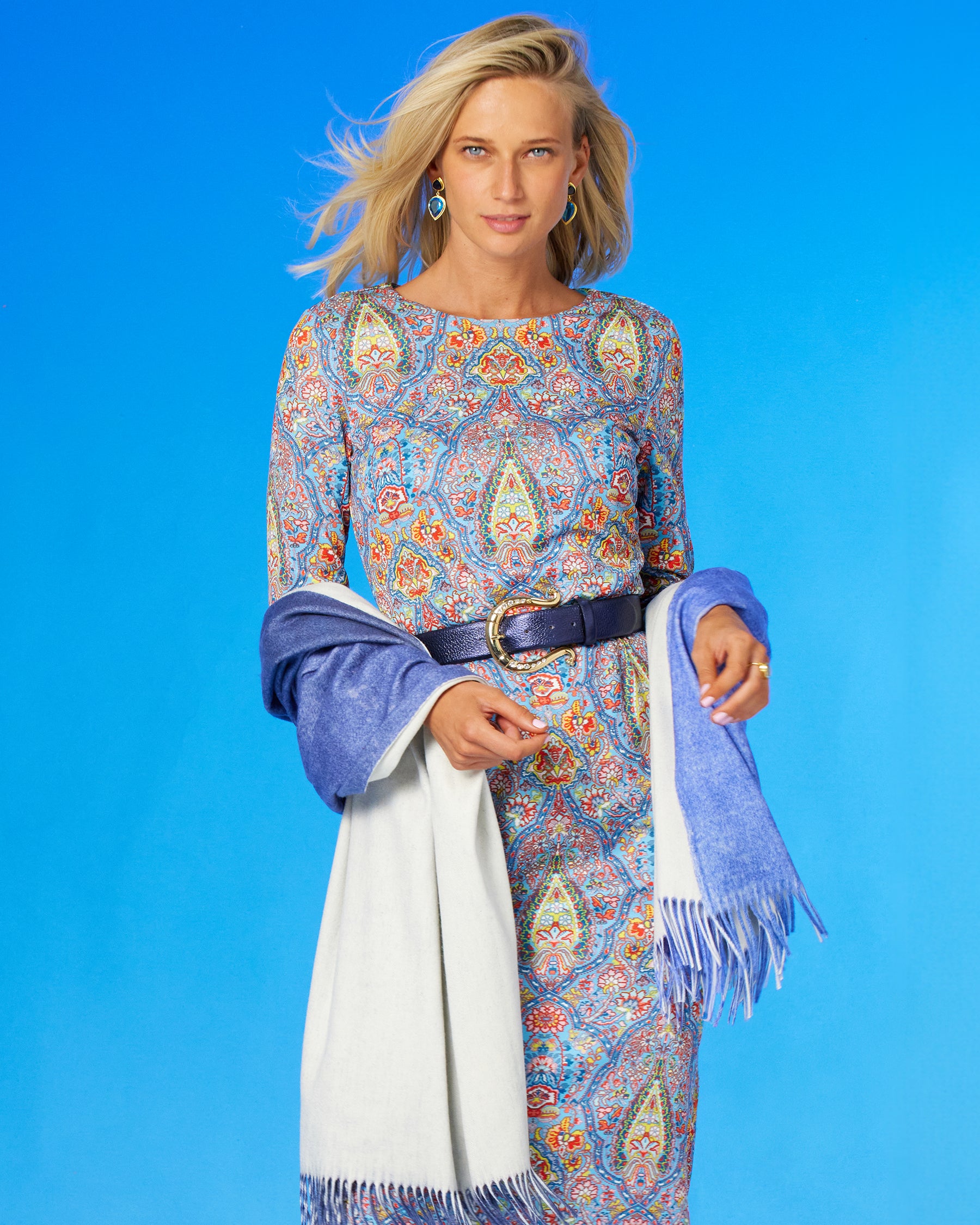 Emerson Stretch Long Dress in Kaleidoscope Paisley-Portrait View