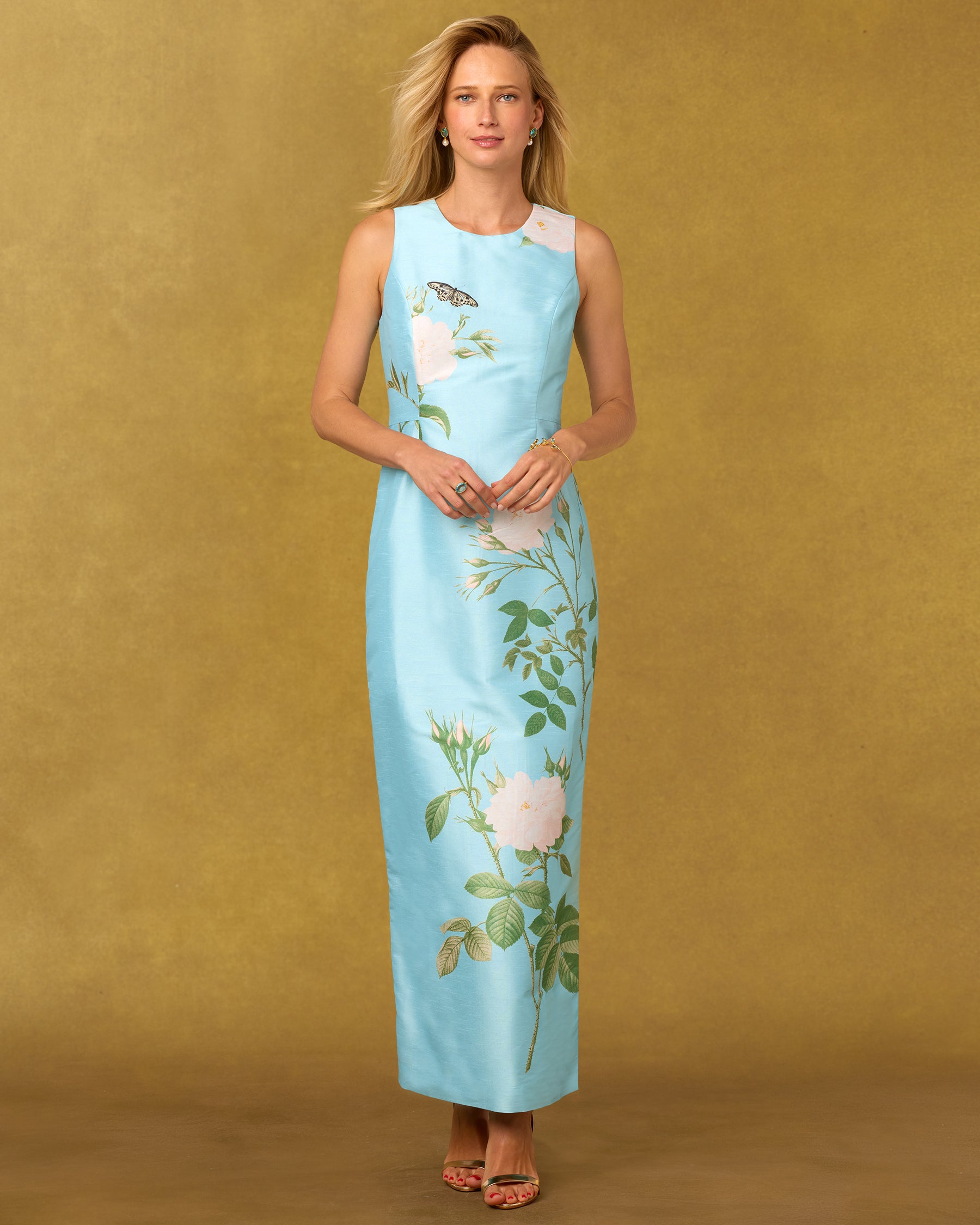 Esme Long Sheath Dress in Celestine Blue English Garden