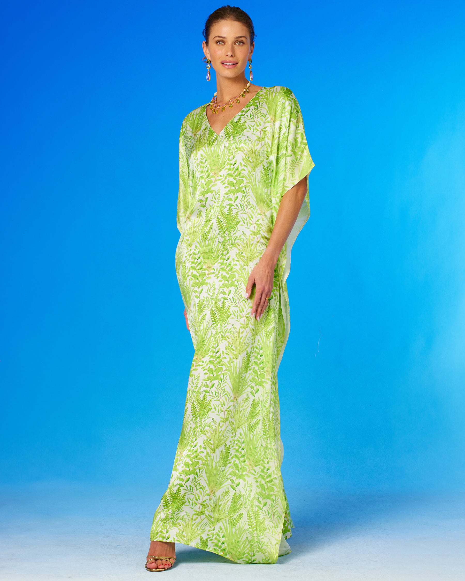 Eve Silk Kaftan in Delicate Greenery-Full frontal view