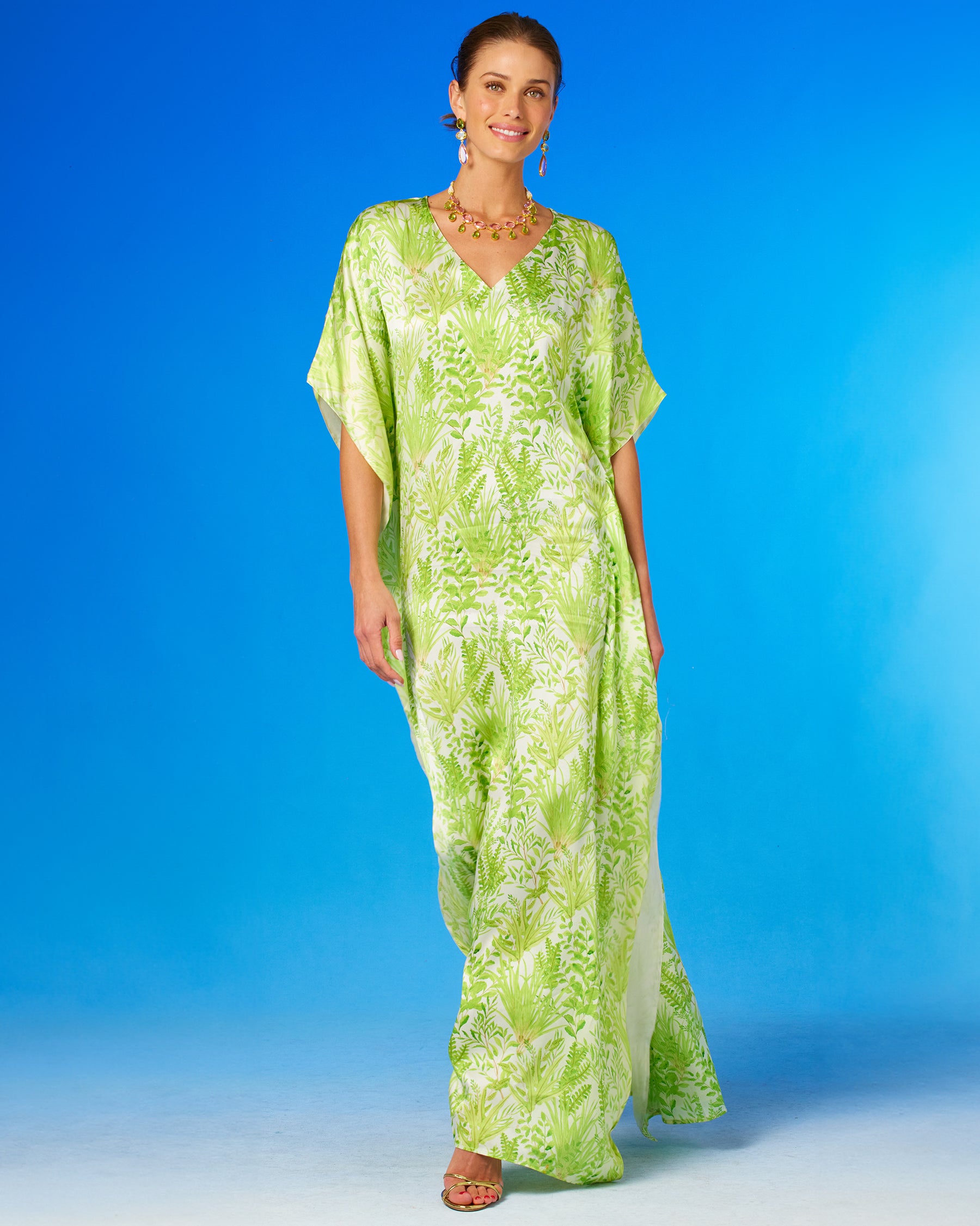 Eve Silk Kaftan in Delicate Greenery-Full frontal view