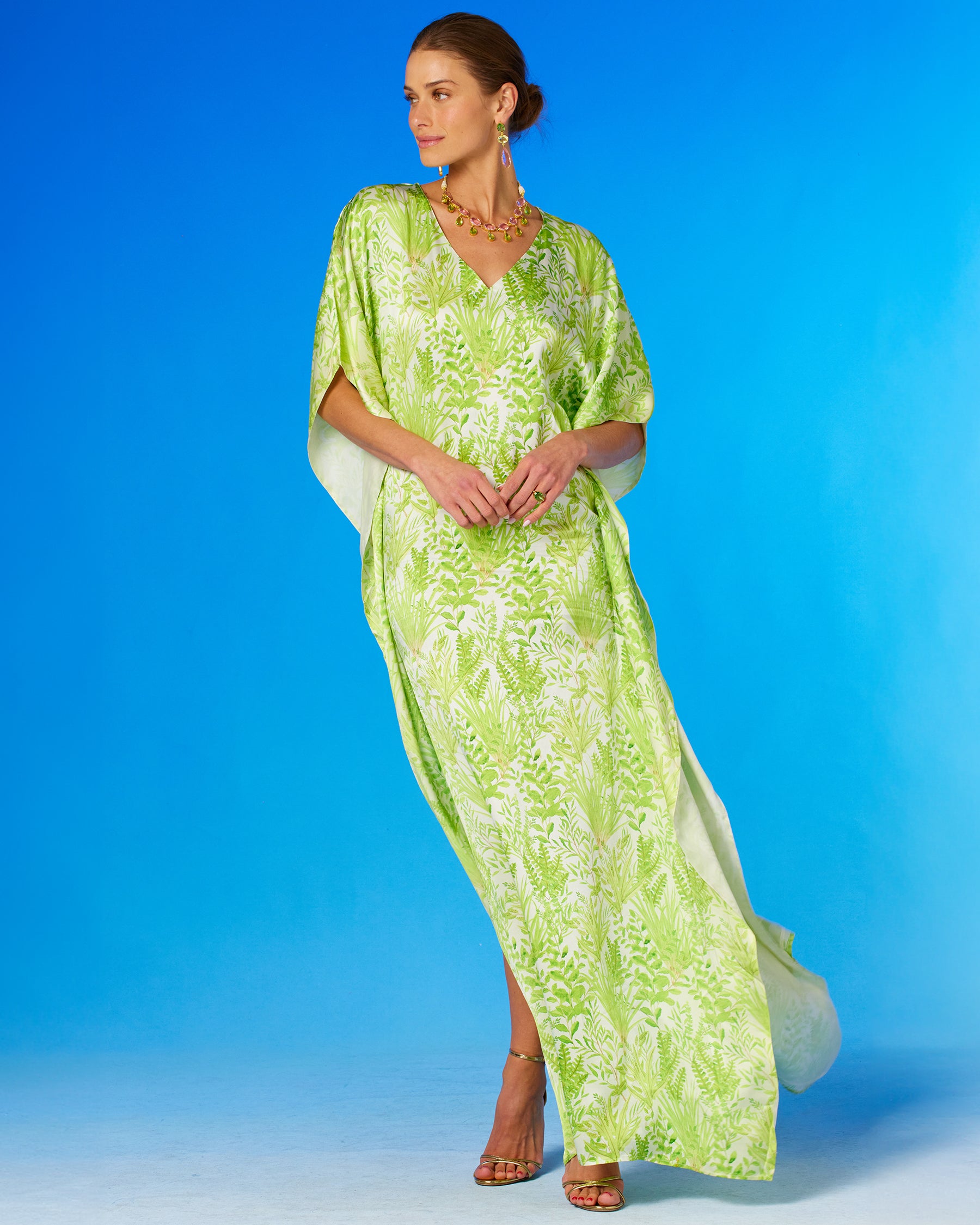 Eve Silk Kaftan in Delicate Greenery-Full frontal view